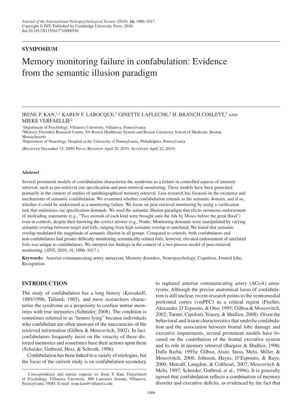 Memory Monitoring Failure in Confabulation: Evidence from the Semantic Illusion Paradigm