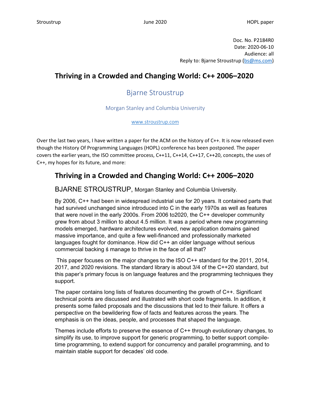 C++ 2006–2020 Bjarne Stroustrup Thriving in a Crowded And