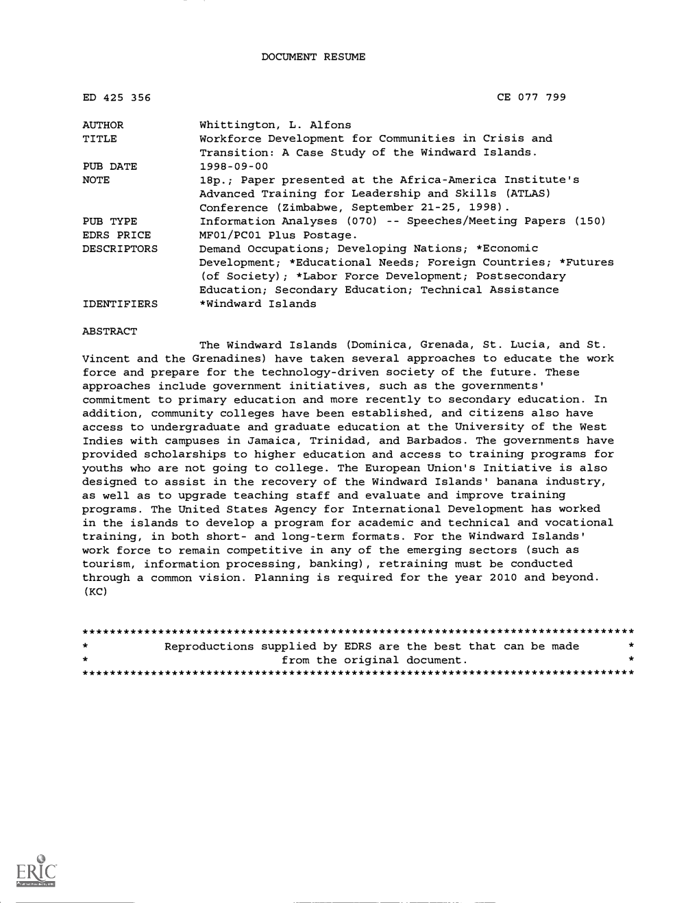 Workforce Development for Communities in Crisis and Transition: a Case Study of the Windward Islands