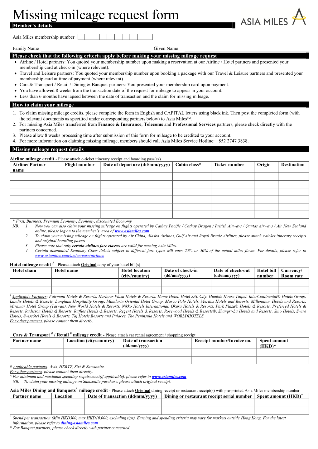 Missing Mileage Request Form Member’S Details