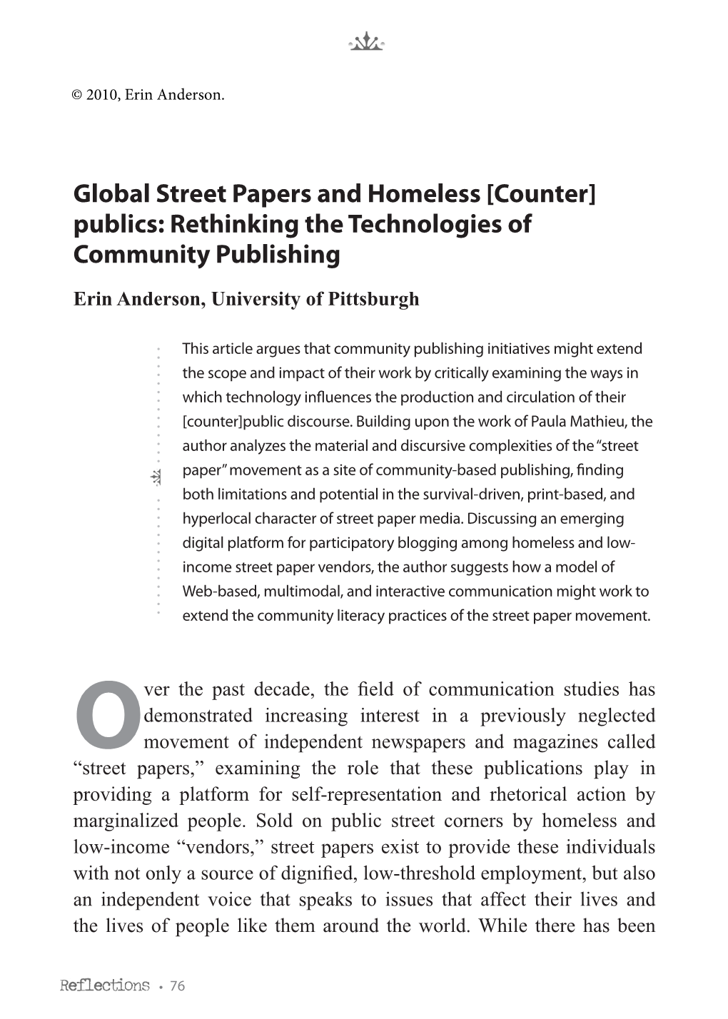 Global Street Papers and Homeless [Counter] Publics: Rethinking the Technologies of Community Publishing