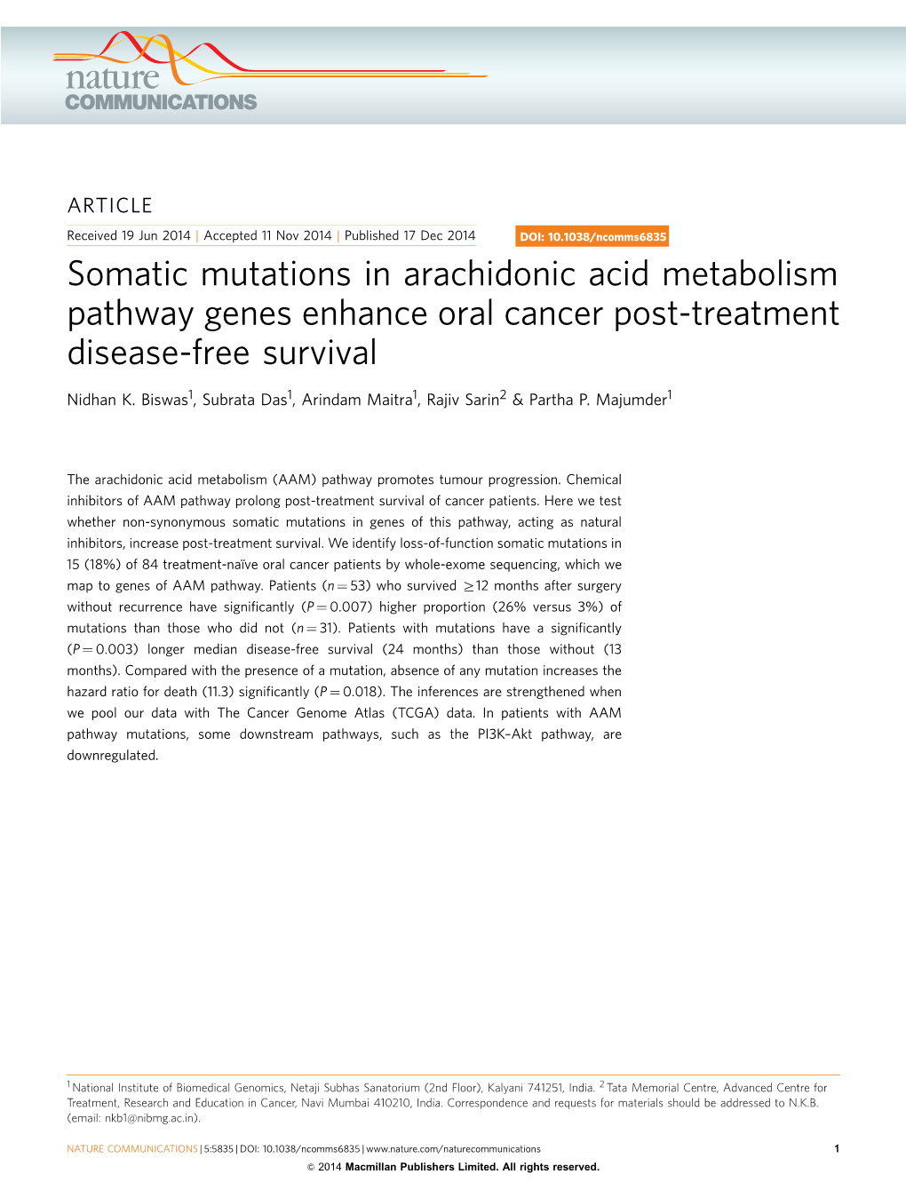 Somatic Mutations in Arachidonic Acid Metabolism Pathway Genes Enhance Oral Cancer Post-Treatment Disease-Free Survival