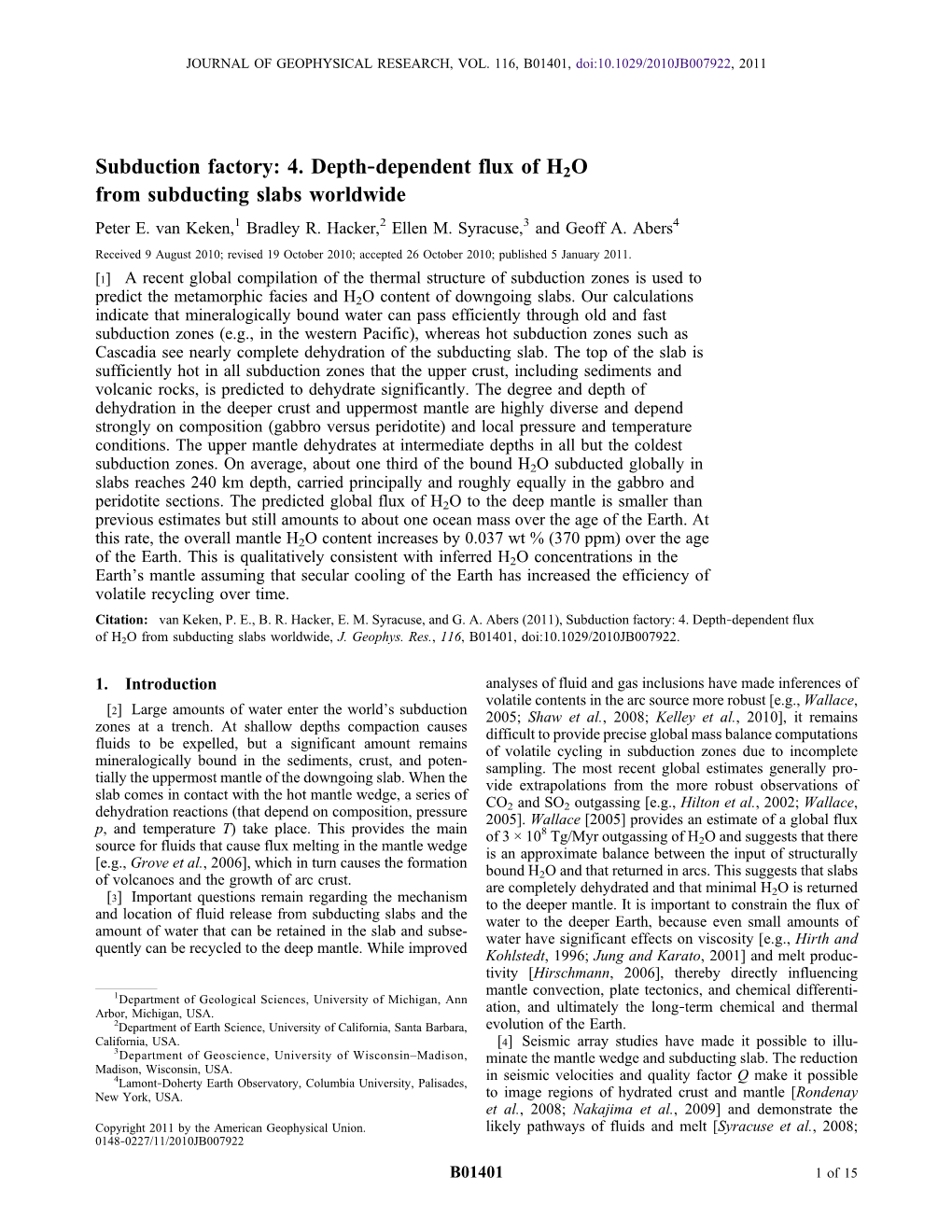 Depth-Dependent Flux of H2O from Subducting Slabs Worldwide