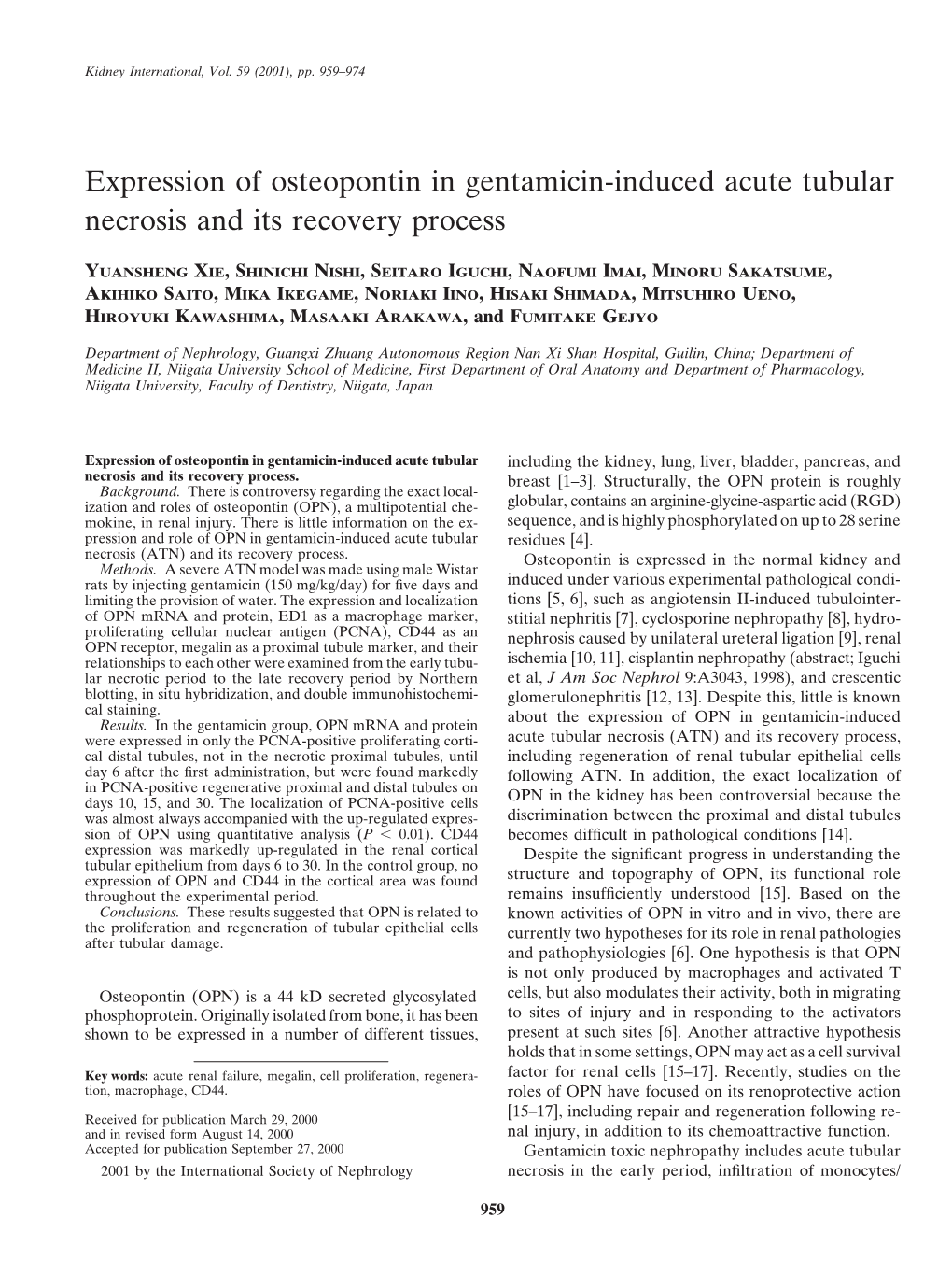 Expression of Osteopontin in Gentamicin-Induced Acute Tubular Necrosis and Its Recovery Process