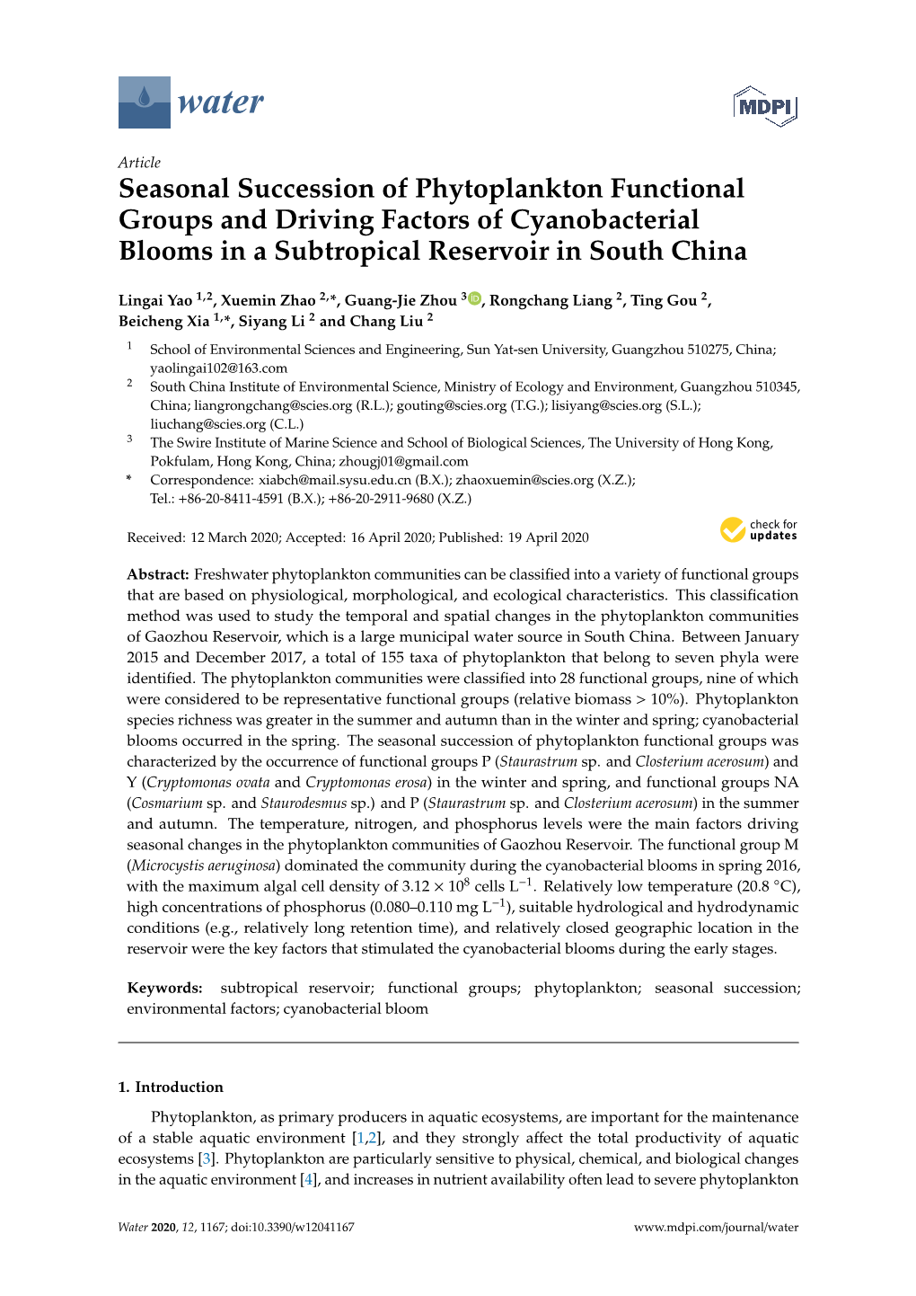 Seasonal Succession of Phytoplankton Functional Groups and Driving Factors of Cyanobacterial Blooms in a Subtropical Reservoir in South China