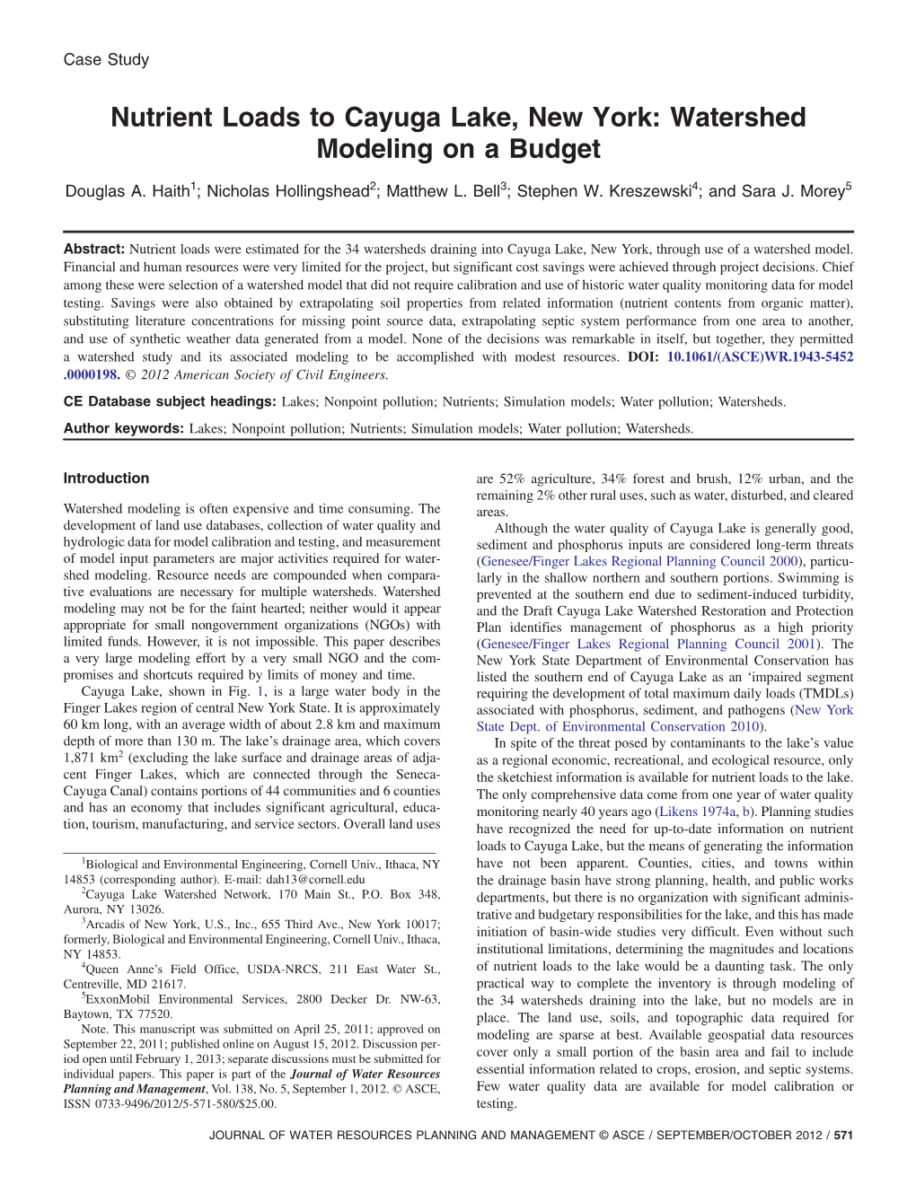 Nutrient Loads to Cayuga Lake, New York: Watershed Modeling on a Budget