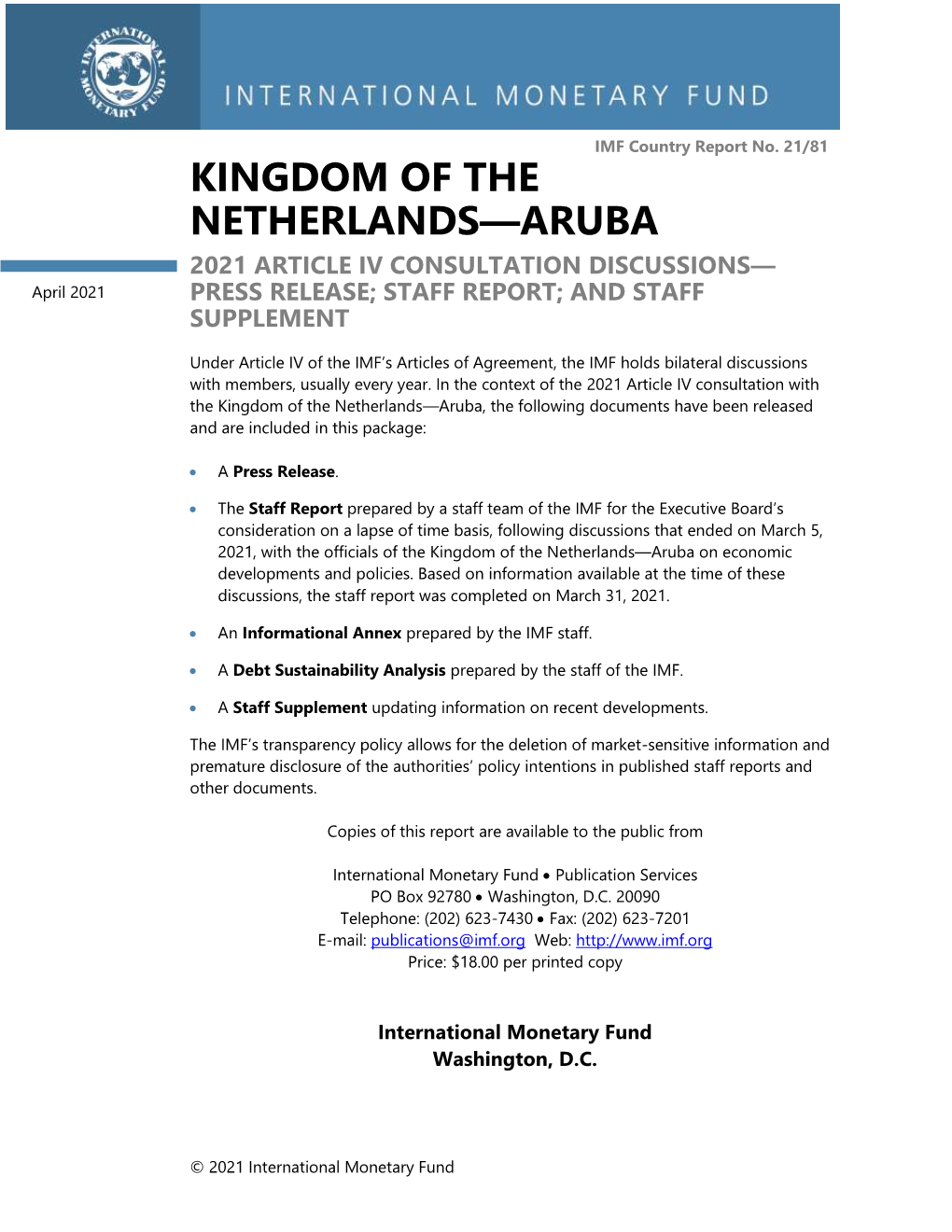Kingdom of the Netherlands—Aruba: 2021 Article IV