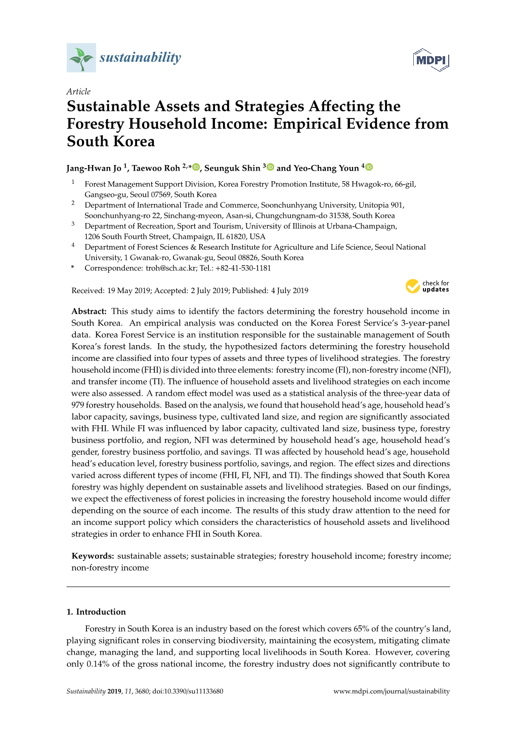 Sustainable Assets and Strategies Affecting the Forestry Household Income: Empirical Evidence from South Korea