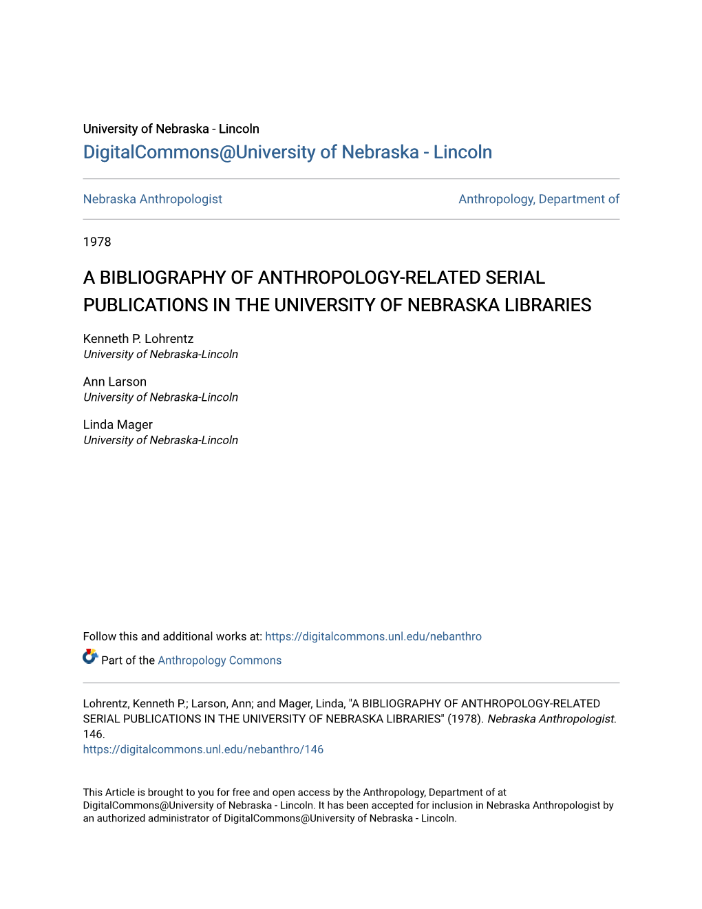 A Bibliography of Anthropology-Related Serial Publications in the University of Nebraska Libraries