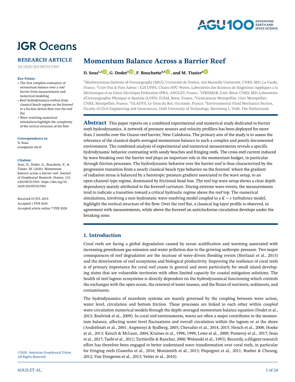 Momentum Balance Across a Barrier Reef 10.1029/2019JC015503 D