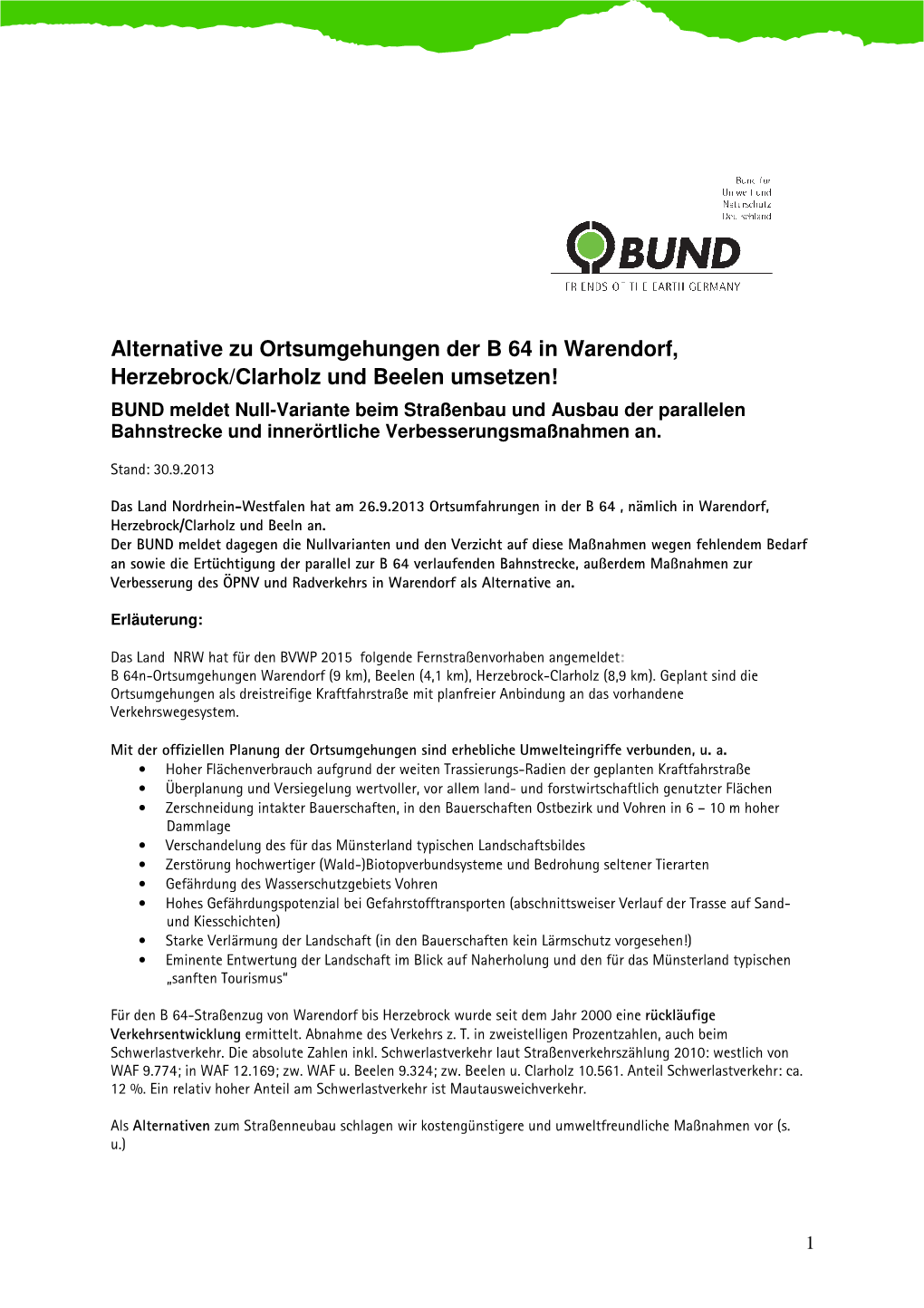 Alternative Zu Ortsumgehungen Der B 64 in Warendorf, Herzebrock