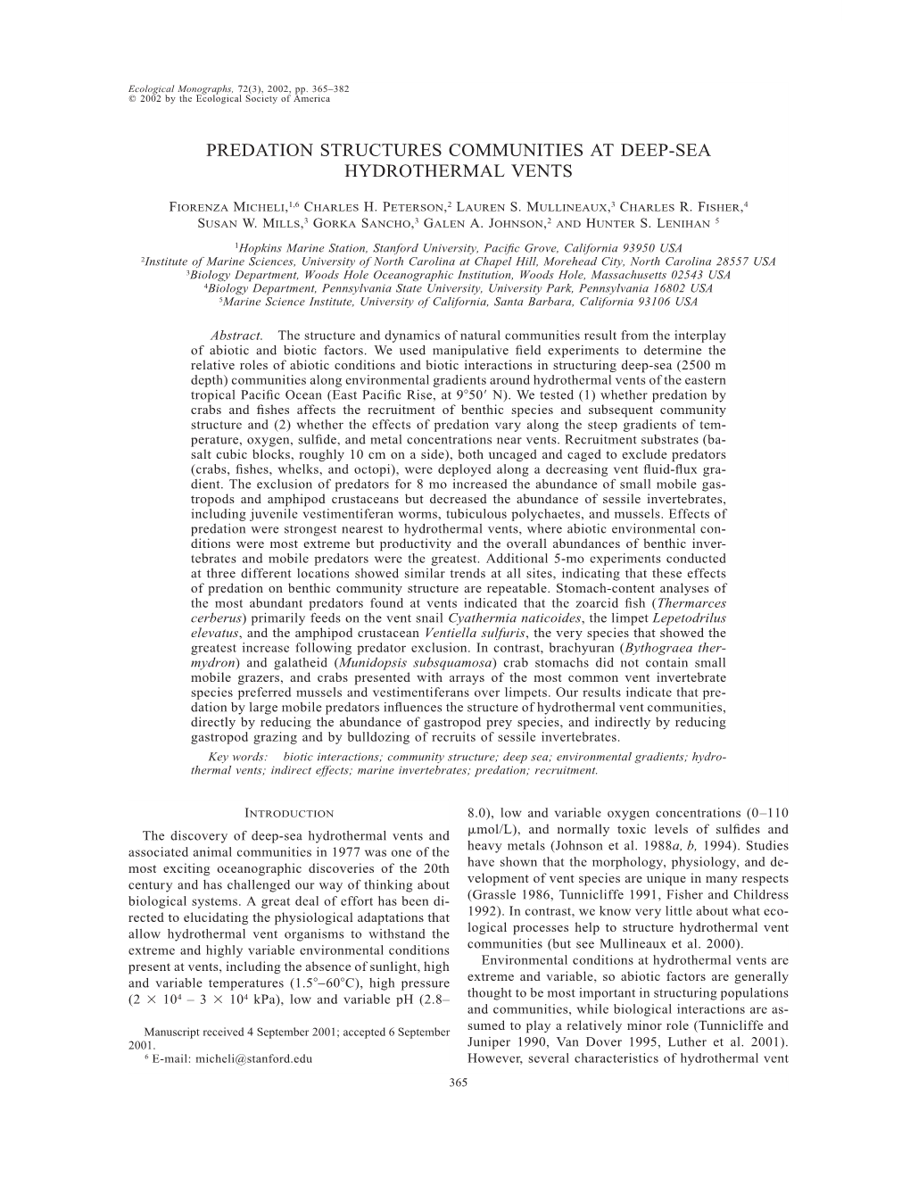 Predation Structures Communities at Deep-Sea Hydrothermal Vents