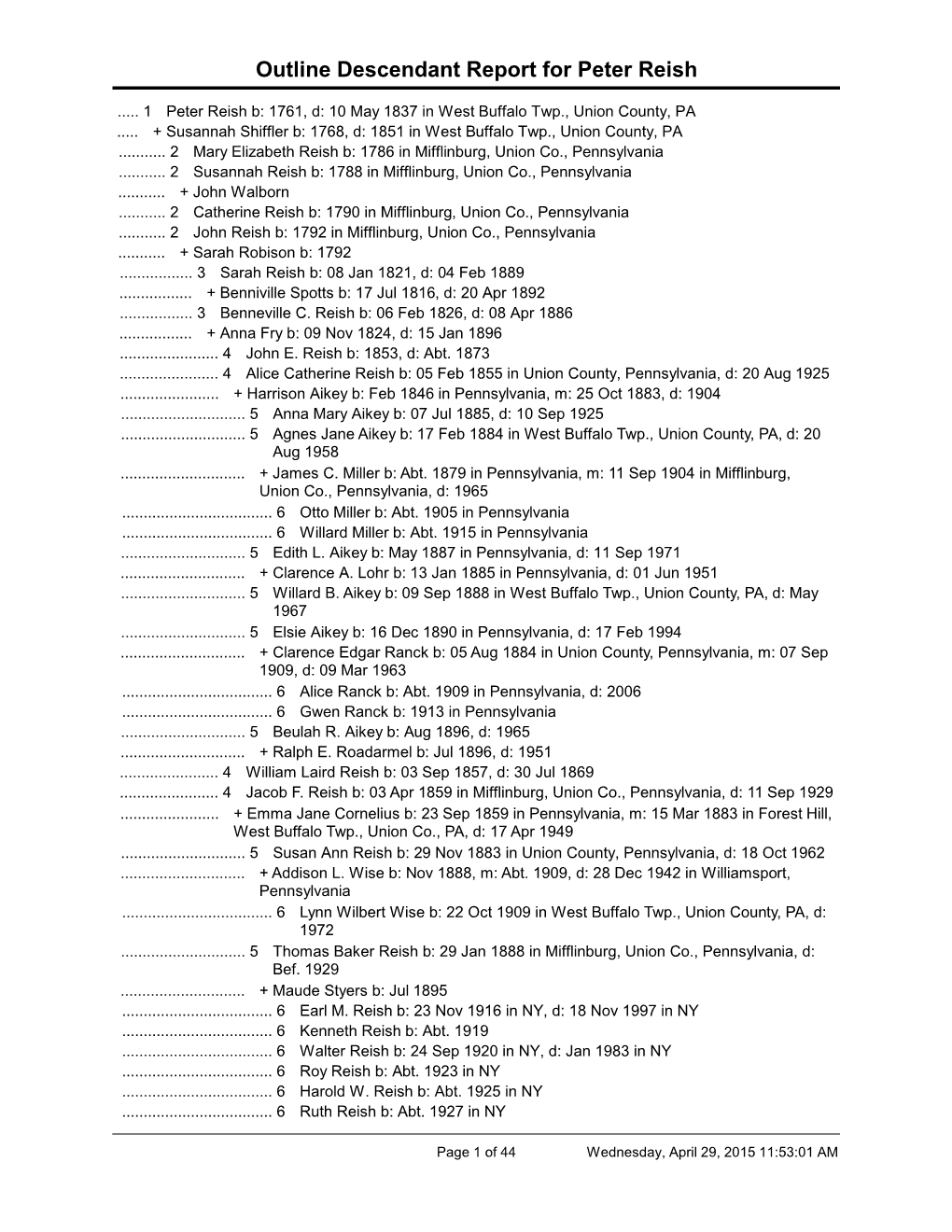 Outline Descendant Report for Peter Reish