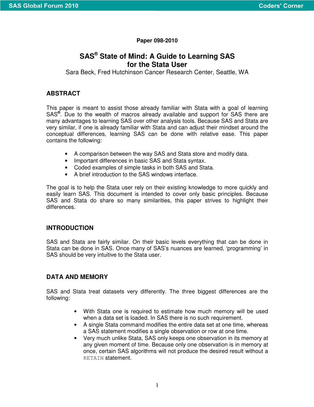 098-2010: SAS® State of Mind: a Guide to Learning SAS for the Stata