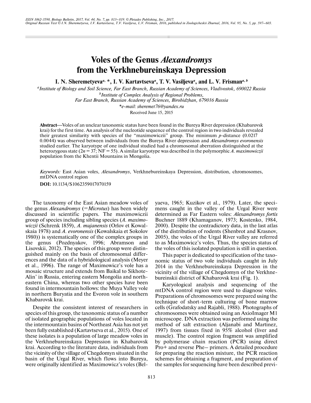 Voles of the Genus Alexandromys from the Verkhnebureinskaya Depression I