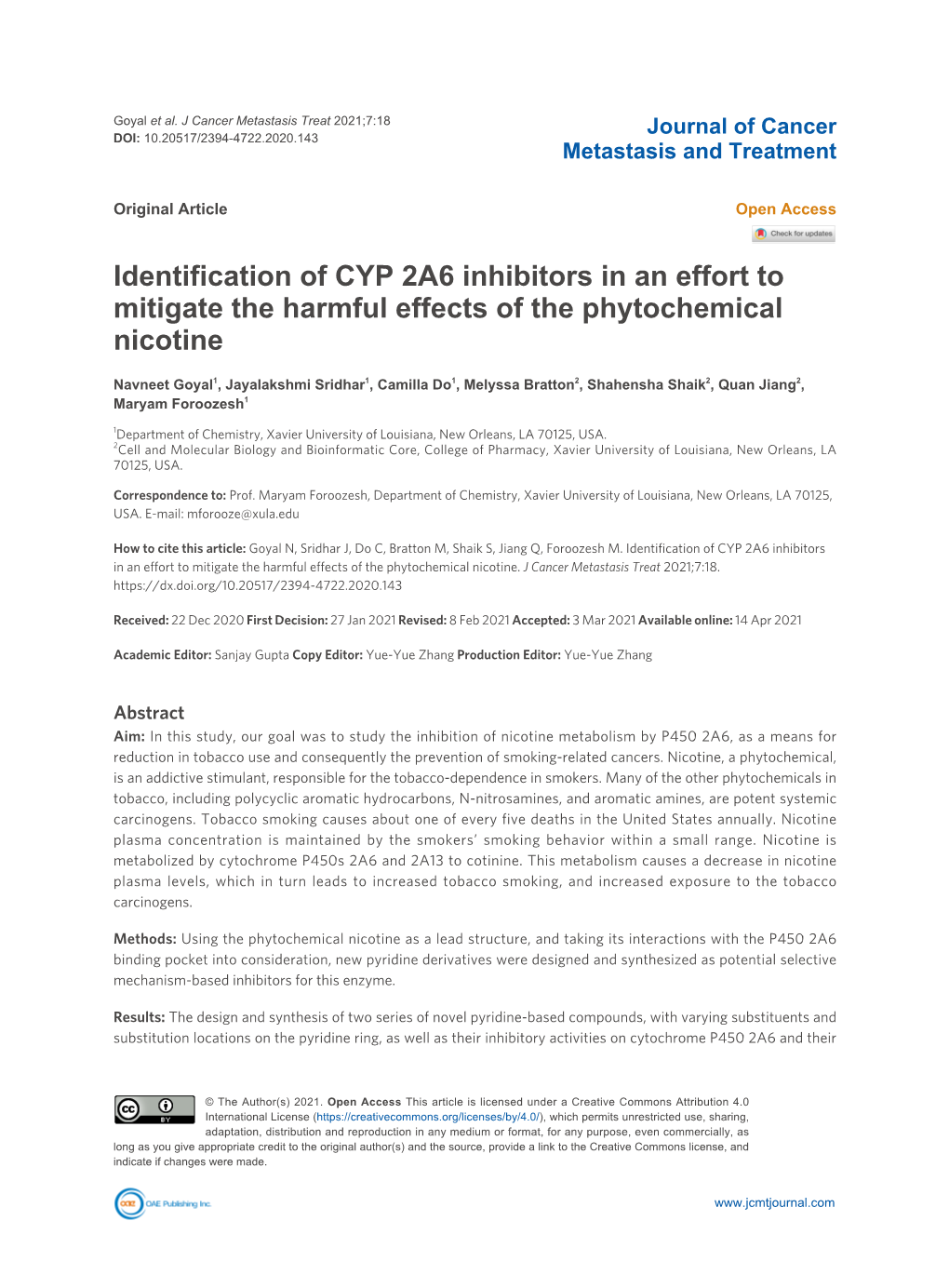 Identification of CYP 2A6 Inhibitors in an Effort to Mitigate the Harmful Effects of the Phytochemical Nicotine