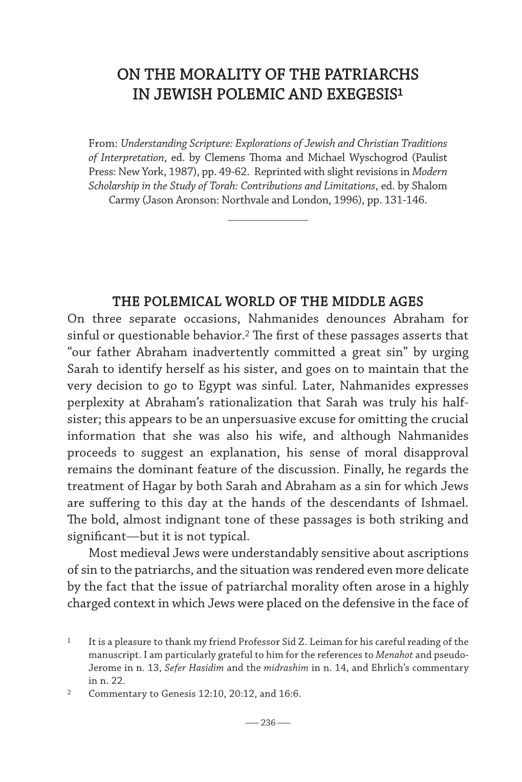 On the Morality of the Patriarchs in Jewish Polemic and Exegesis a Christian Attack