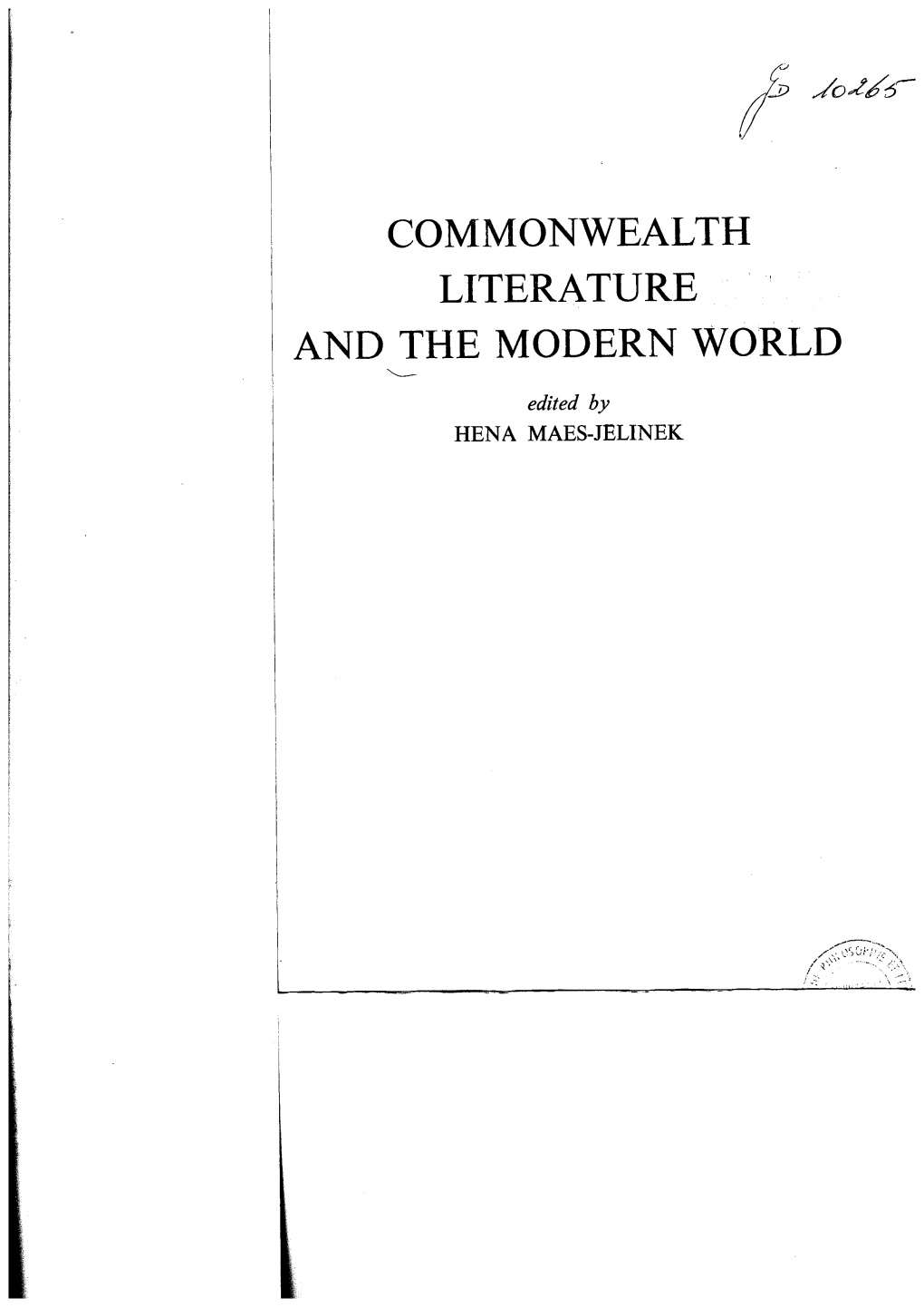 Commonwealth Literature and the Modern World