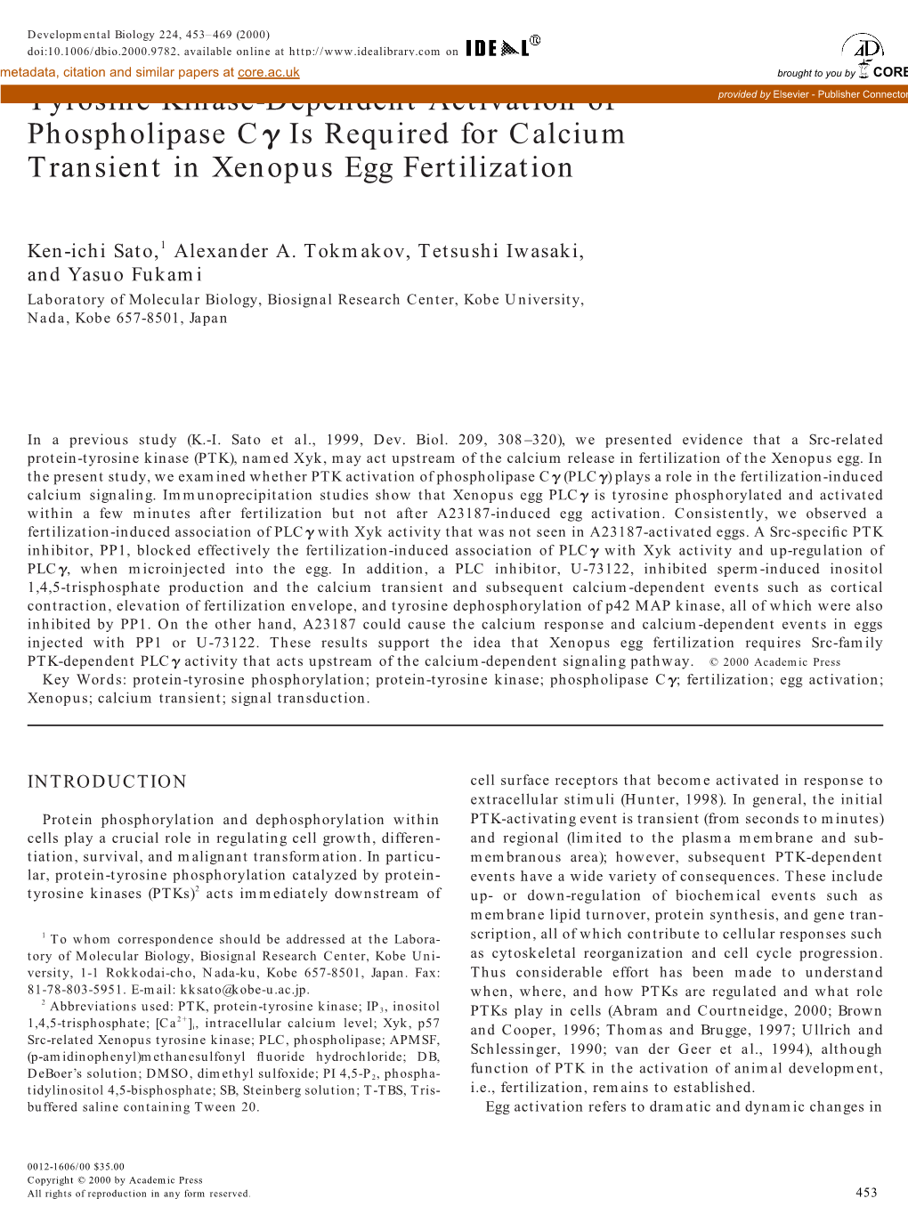 Is Required for Calcium Transient in Xenopus Egg Fertilization