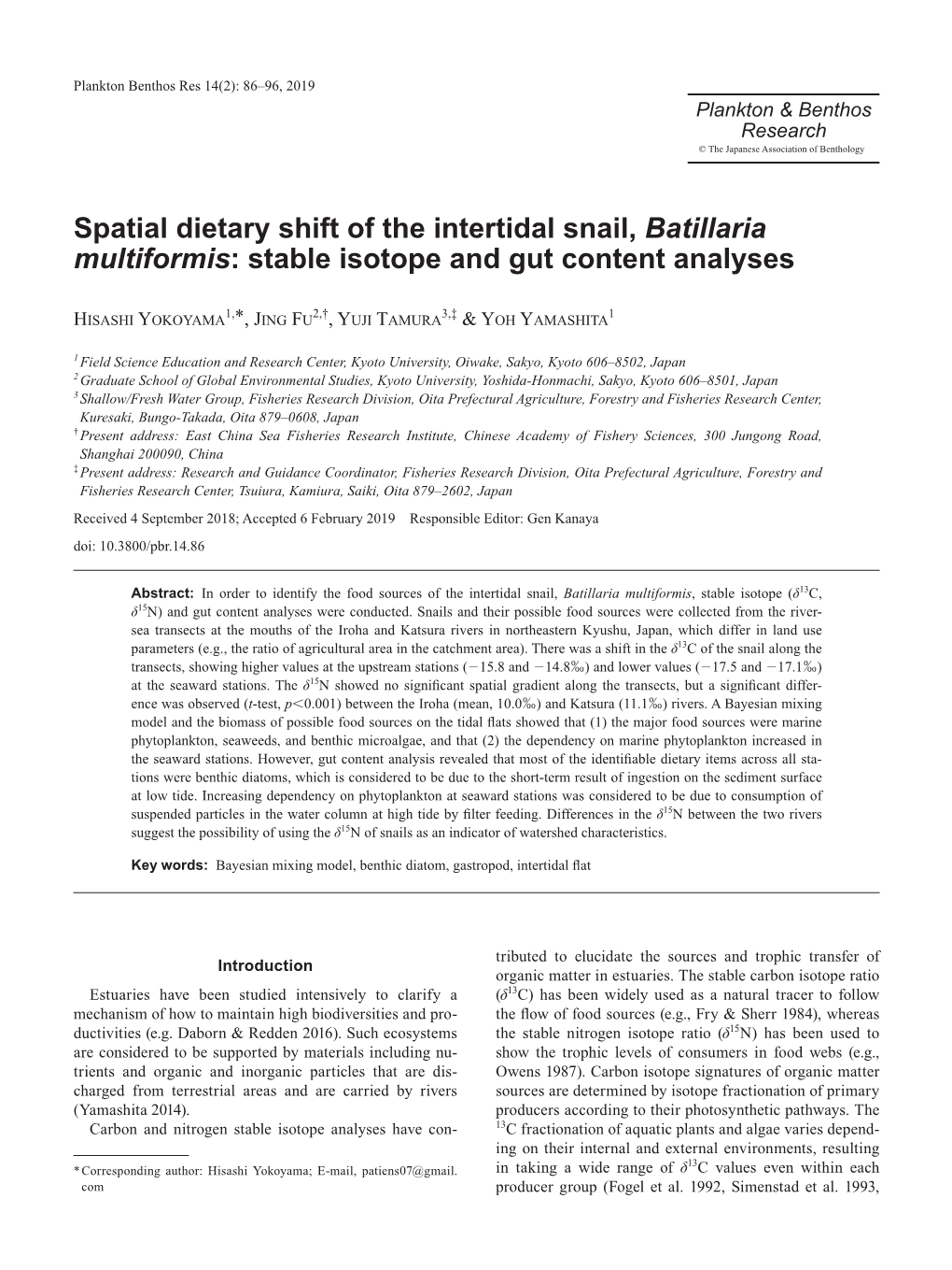 Spatial Dietary Shift of the Intertidal Snail, Batillaria Multiformis: Stable Isotope and Gut Content Analyses