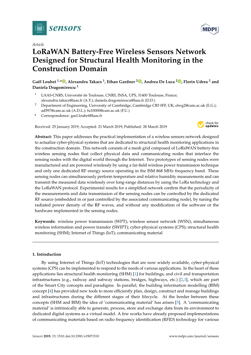 Lorawan Battery-Free Wireless Sensors Network Designed for Structural Health Monitoring in the Construction Domain