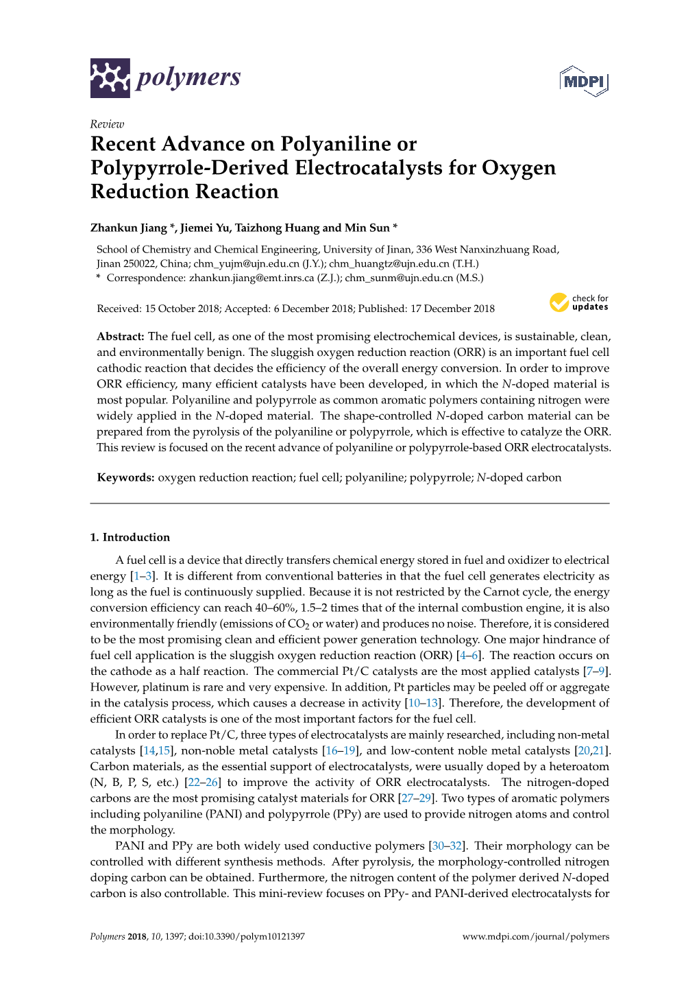 Recent Advance on Polyaniline Or Polypyrrole-Derived Electrocatalysts for Oxygen Reduction Reaction