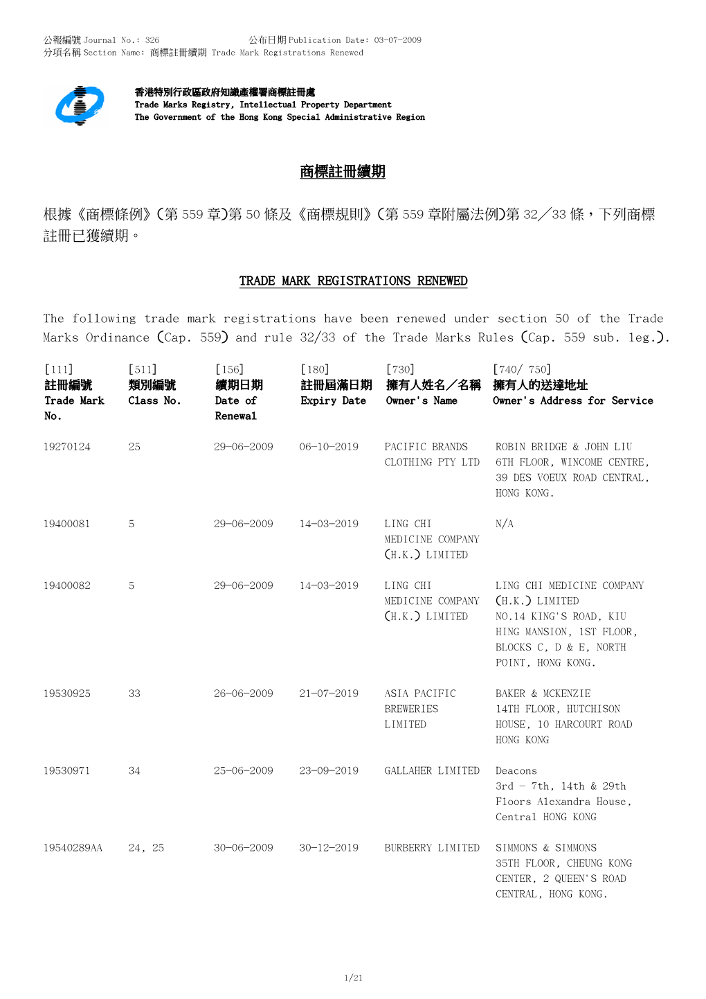 第 50 條及《商標規則》(第 559 章附屬法例)第 32╱33 條，下列商標 註冊已獲續期。