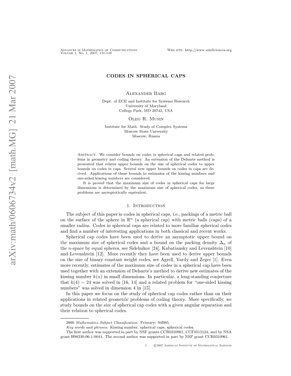 Arxiv:Math/0606734V2 [Math.MG] 21 Mar 2007 Dacsi Ahmtc Fcmuiain E Site: Web 131-149 2007, 1, No