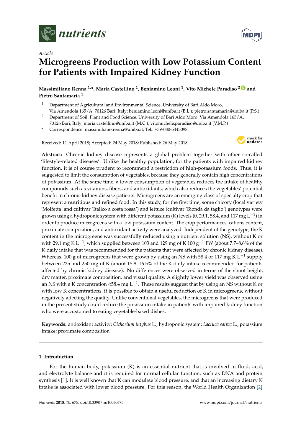 Microgreens Production with Low Potassium Content for Patients with Impaired Kidney Function