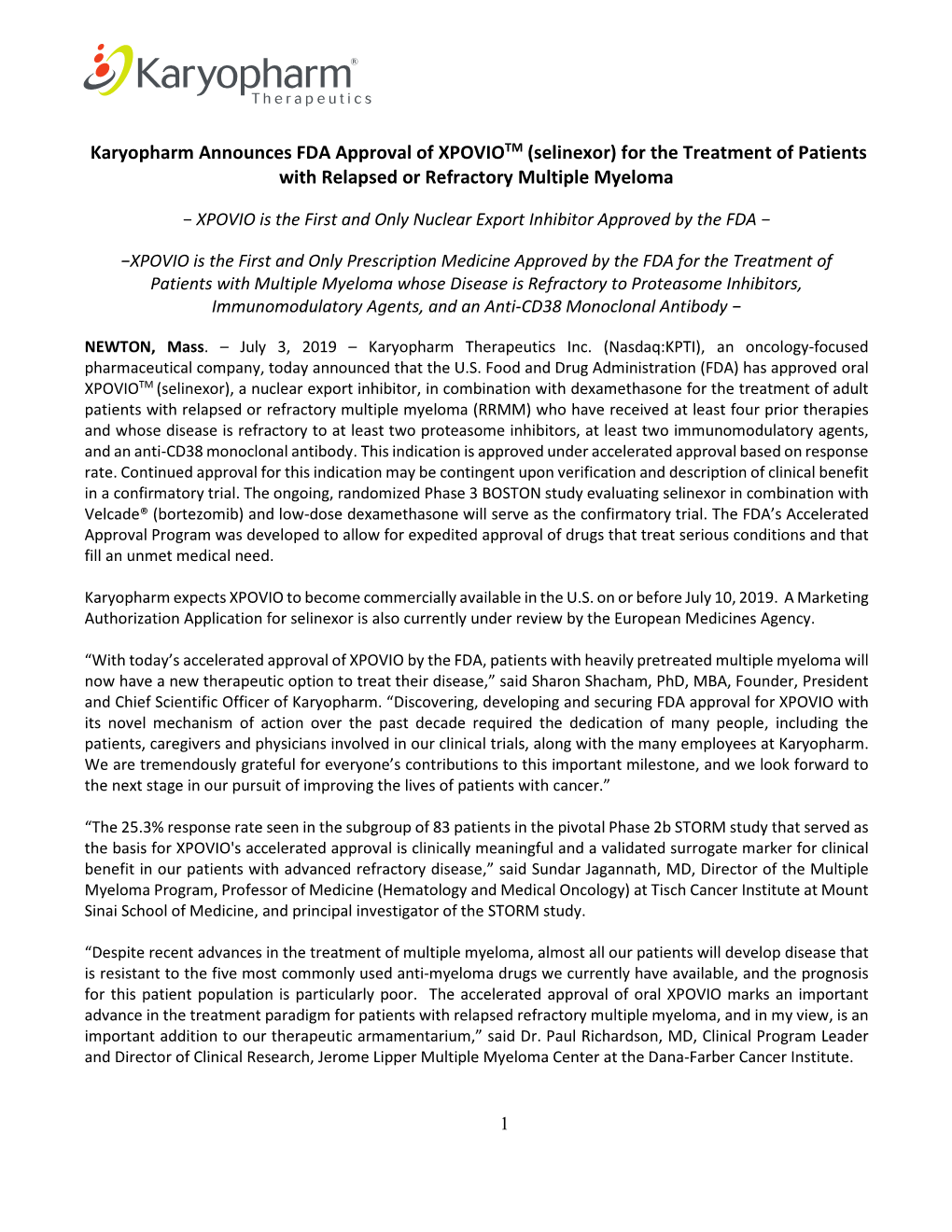 Karyopharm Announces FDA Approval of XPOVIOTM (Selinexor) for the Treatment of Patients with Relapsed Or Refractory Multiple Myeloma