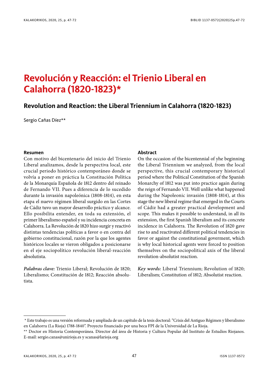 Revolución Y Reacción: El Trienio Liberal En Calahorra (1820-1823)