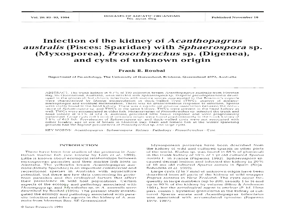 Infection of the Kidney of Acanthopagrus Australis (Pisces: Sparidae) with Sphaerospora Sp