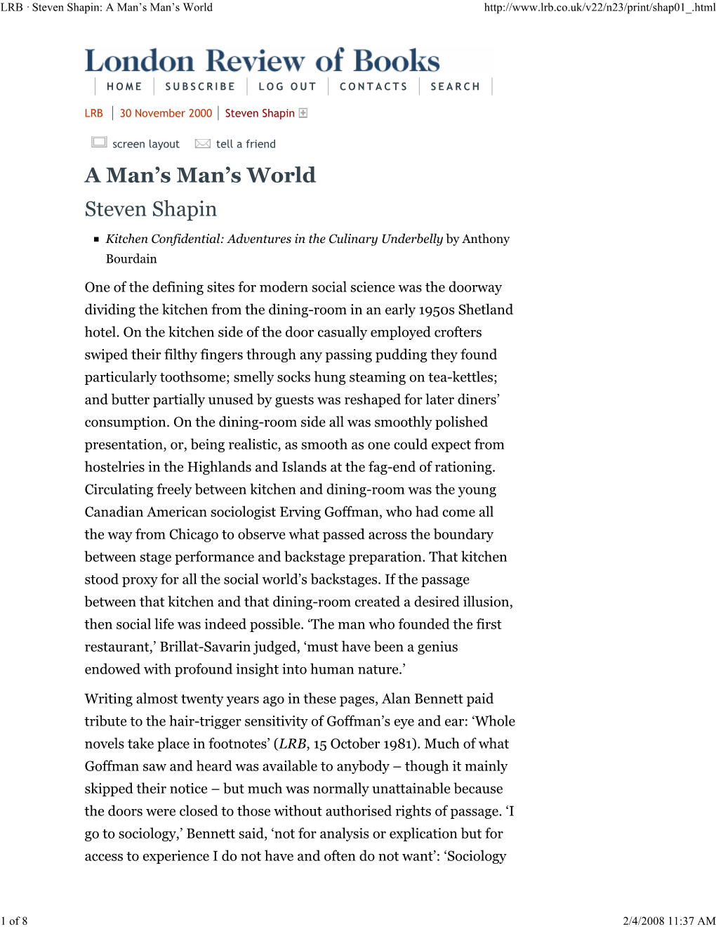 LRB · Steven Shapin: a Man's Man's World