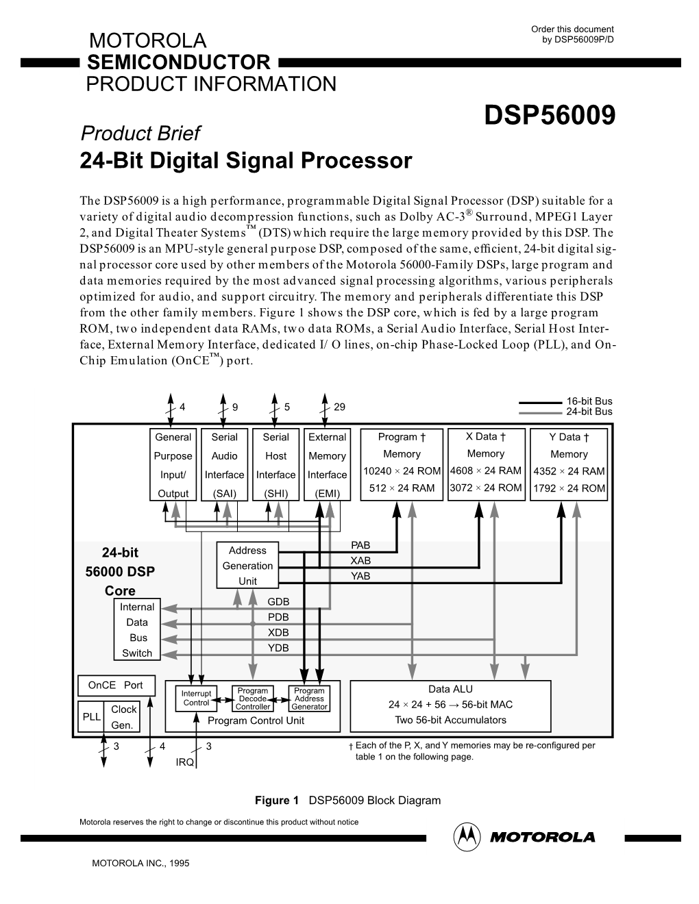 DSP56009P/D SEMICONDUCTOR PRODUCT INFORMATION DSP56009 Product Brief 24-Bit Digital Signal Processor