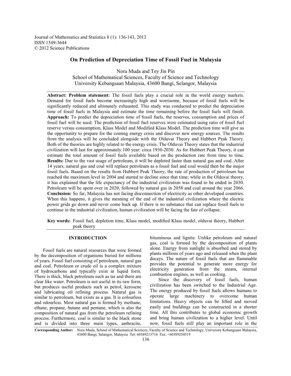 On Prediction of Depreciation Time of Fossil Fuel in Malaysia