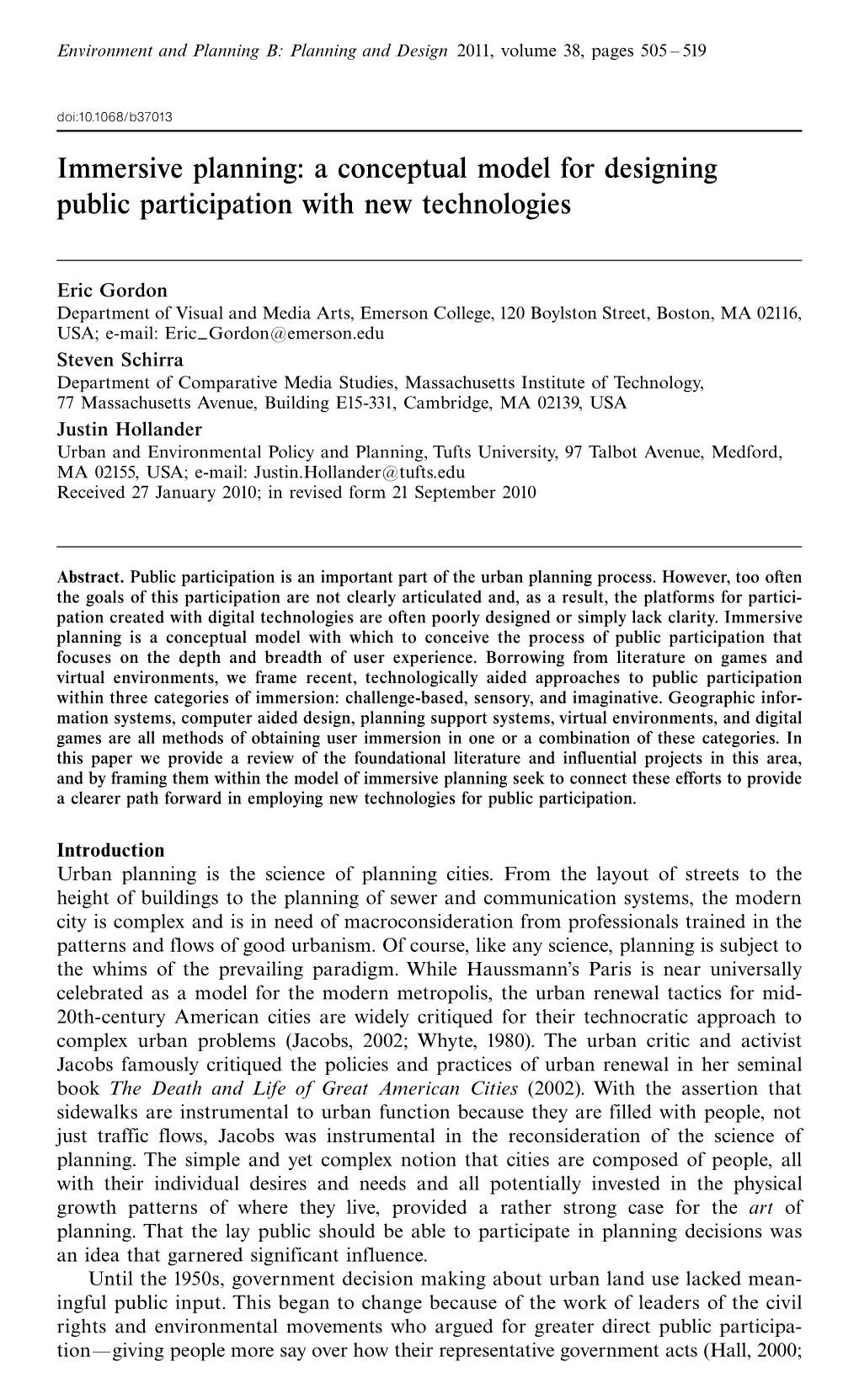 Immersive Planning: a Conceptual Model for Designing Public Participation with New Technologies