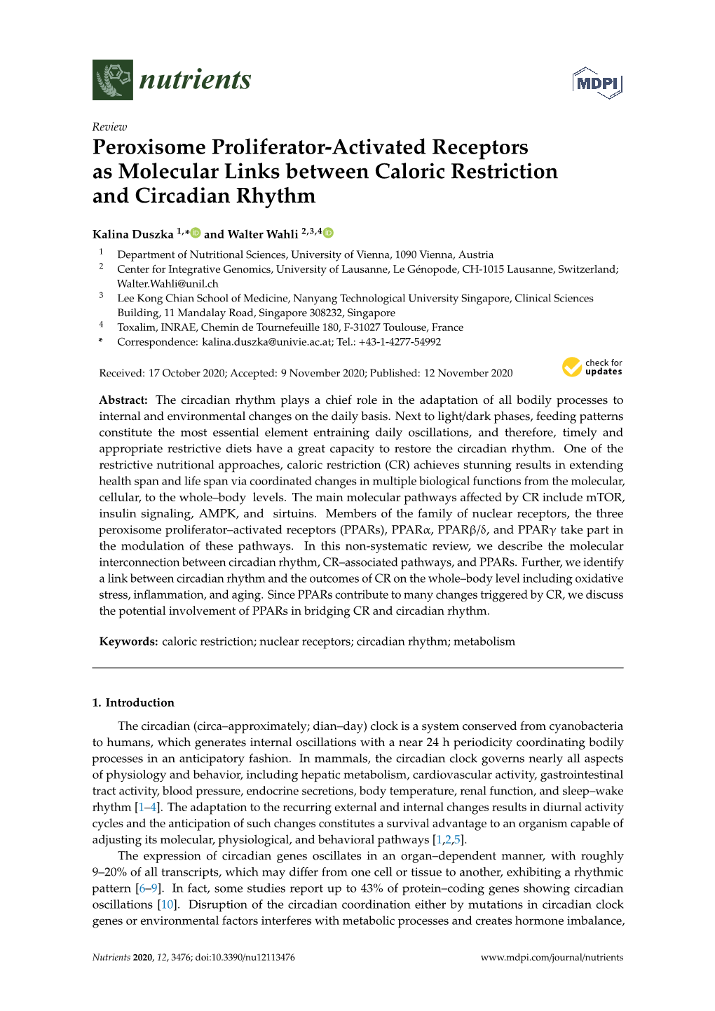 Peroxisome Proliferator-Activated Receptors As Molecular Links Between Caloric Restriction and Circadian Rhythm