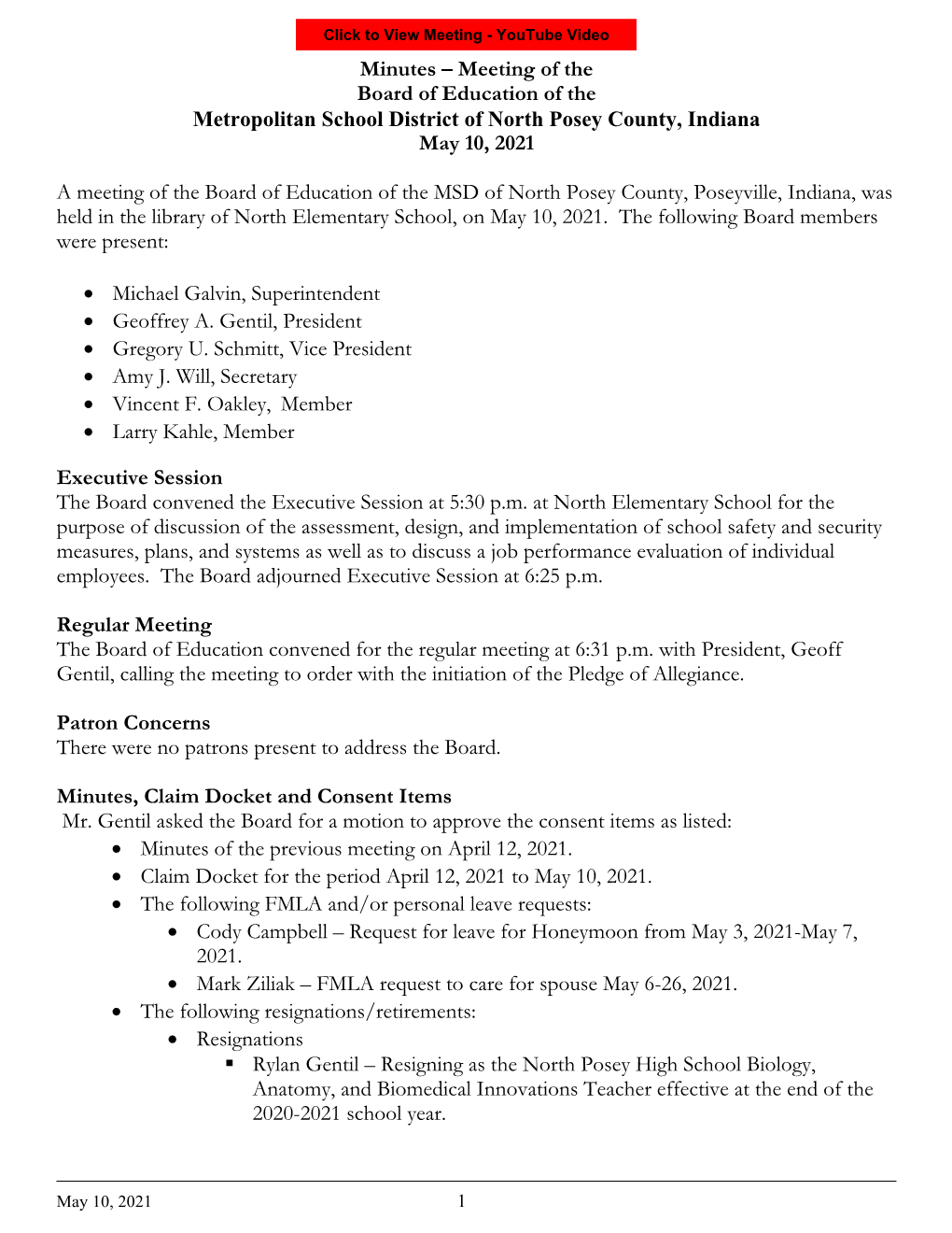 Minutes – Meeting of the Board of Education of the Metropolitan School District of North Posey County, Indiana May 10, 2021