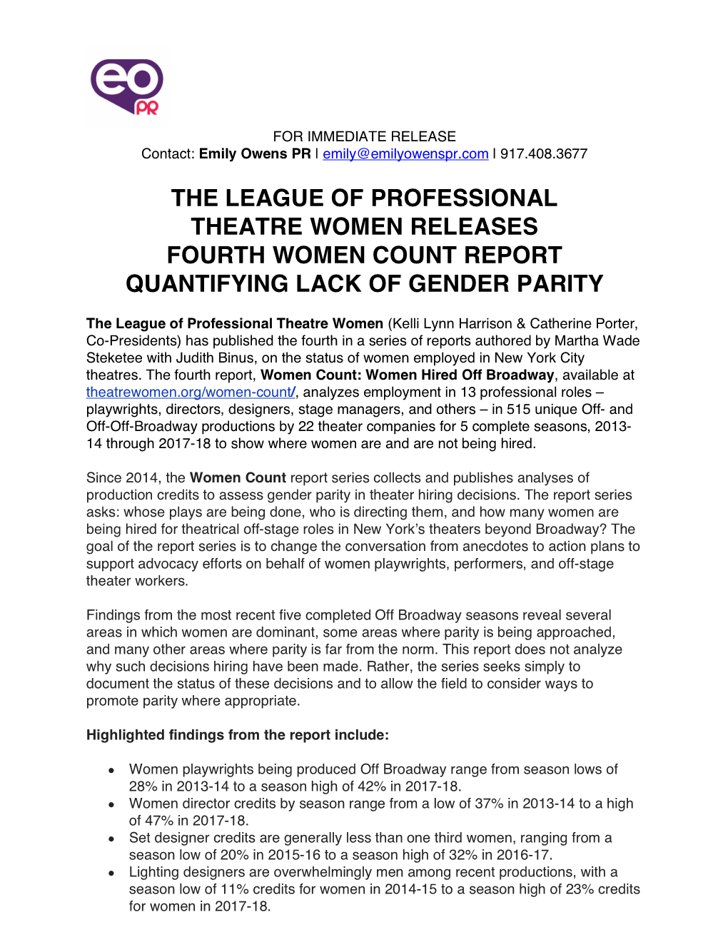 The League of Professional Theatre Women Releases Fourth Women Count Report Quantifying Lack of Gender Parity