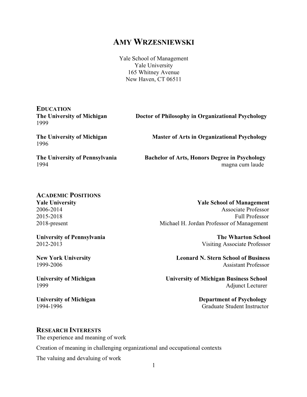 Amy Wrzesniewski's CV