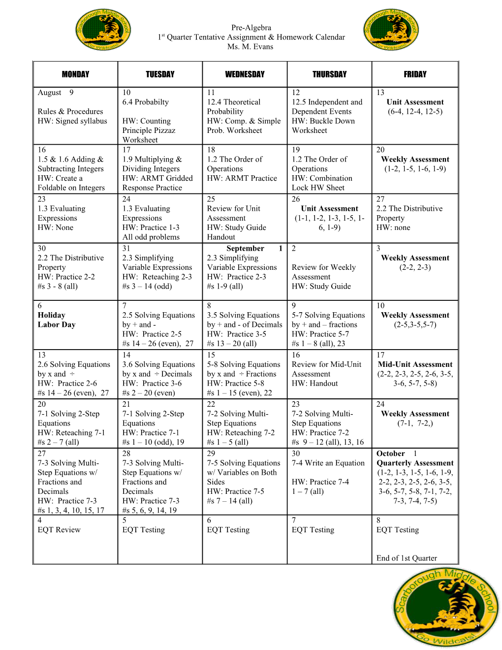 1St Quarter Tentative Assignment & Homework Calendar