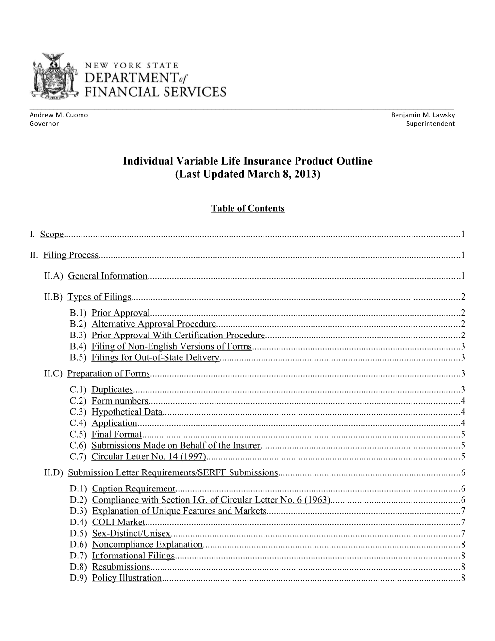 Individual Variable Life Insurance Product Outline