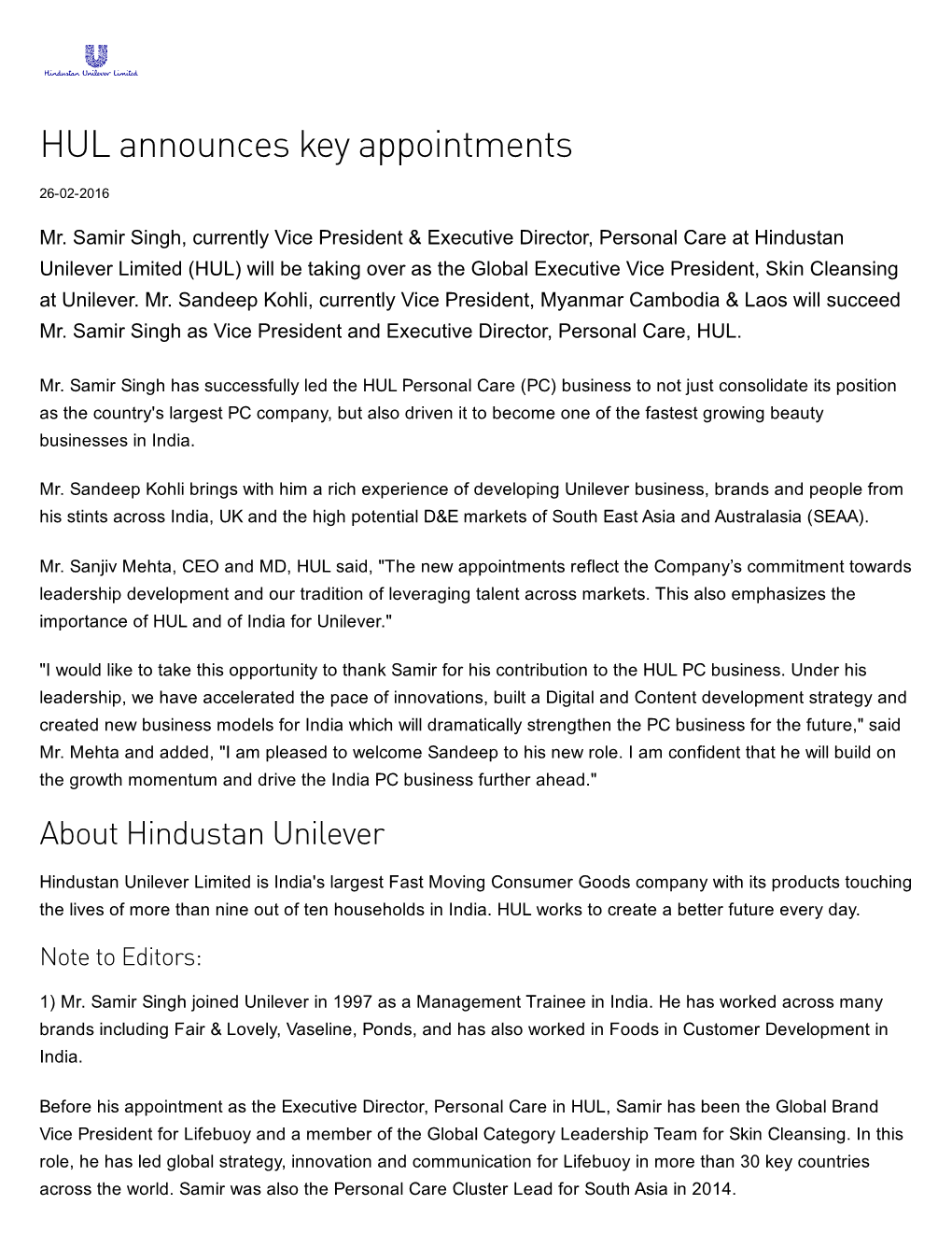 HUL Announces Key Appointments 26­02­2016