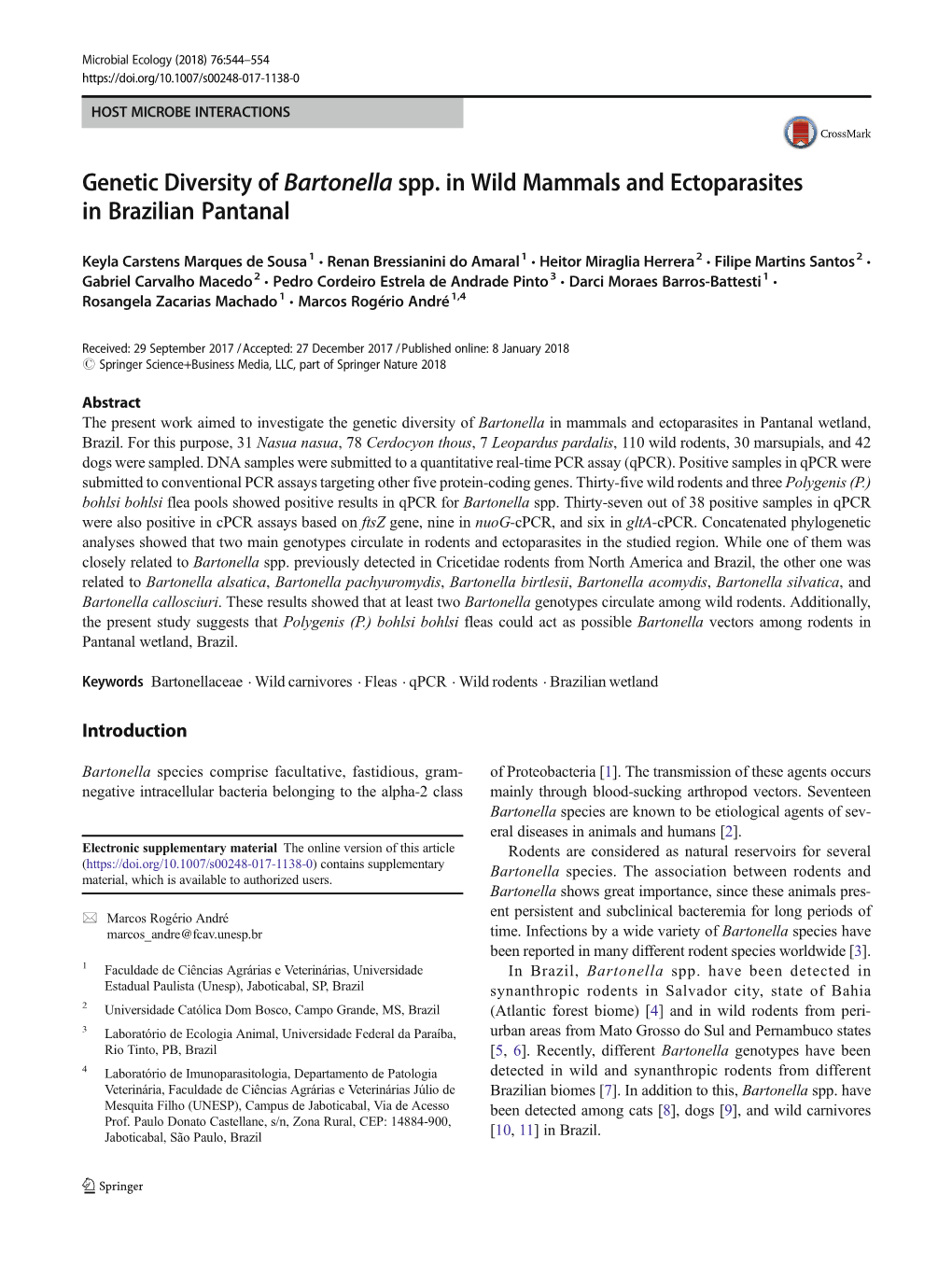 Genetic Diversity of Bartonella Spp. in Wild Mammals and Ectoparasites in Brazilian Pantanal