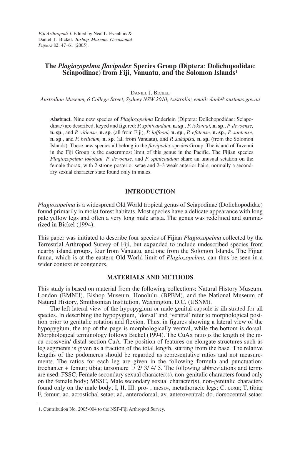 The Plagiozopelma Flavipodex Species Group (Diptera: Dolichopodidae: Sciapodinae) from Fiji, Vanuatu, and the Solomon Islands1