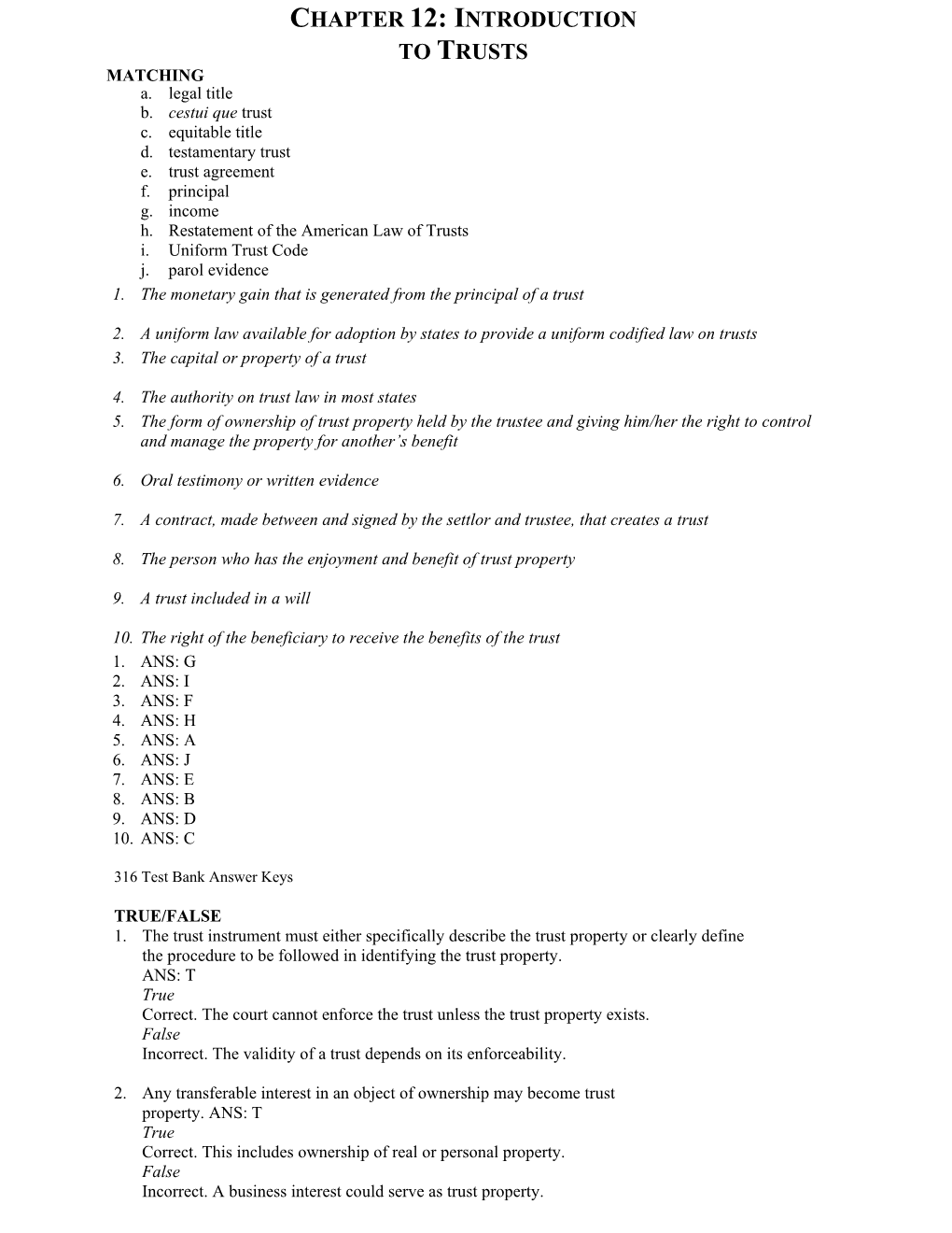 CHAPTER 12: INTRODUCTION to TRUSTS MATCHING A