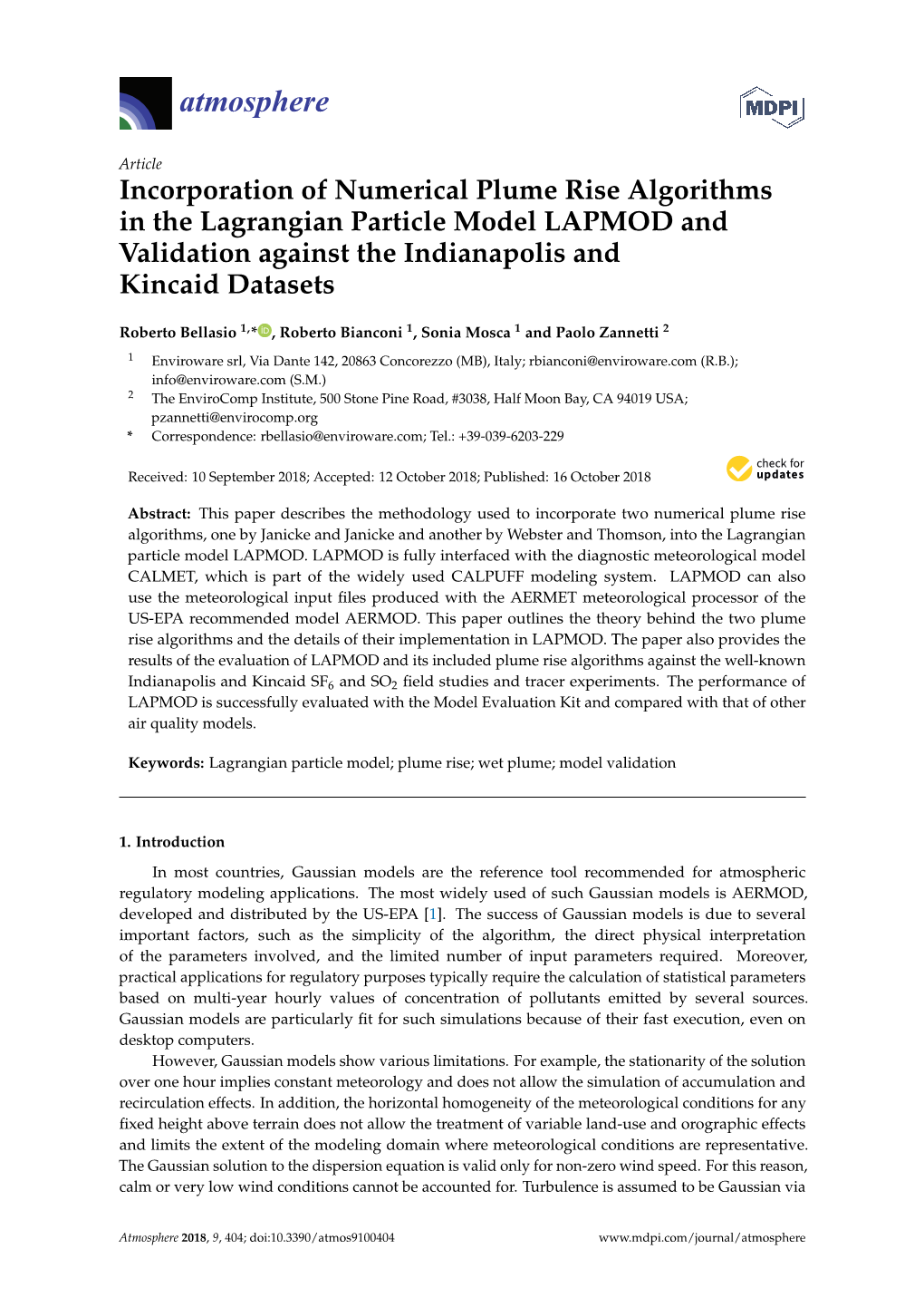 Incorporation of Numerical Plume Rise Algorithms in the Lagrangian Particle Model LAPMOD and Validation Against the Indianapolis and Kincaid Datasets