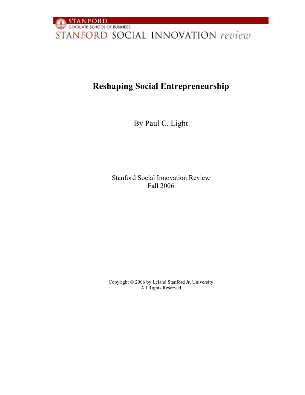 Reshaping Social Entrepreneurship