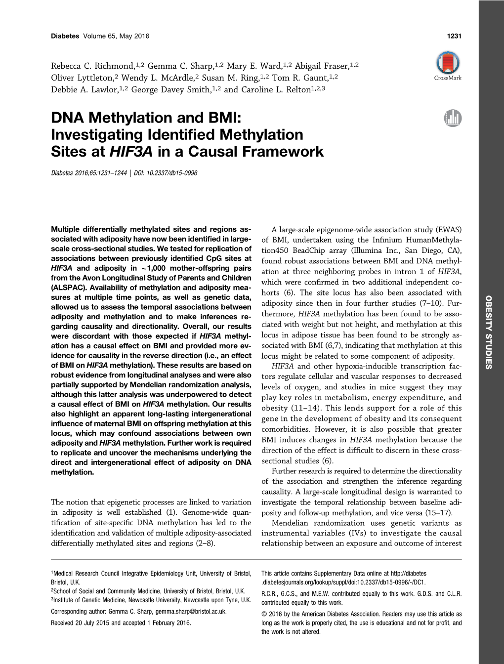 DNA Methylation and BMI: Investigating Identiﬁed Methylation Sites at HIF3A in a Causal Framework