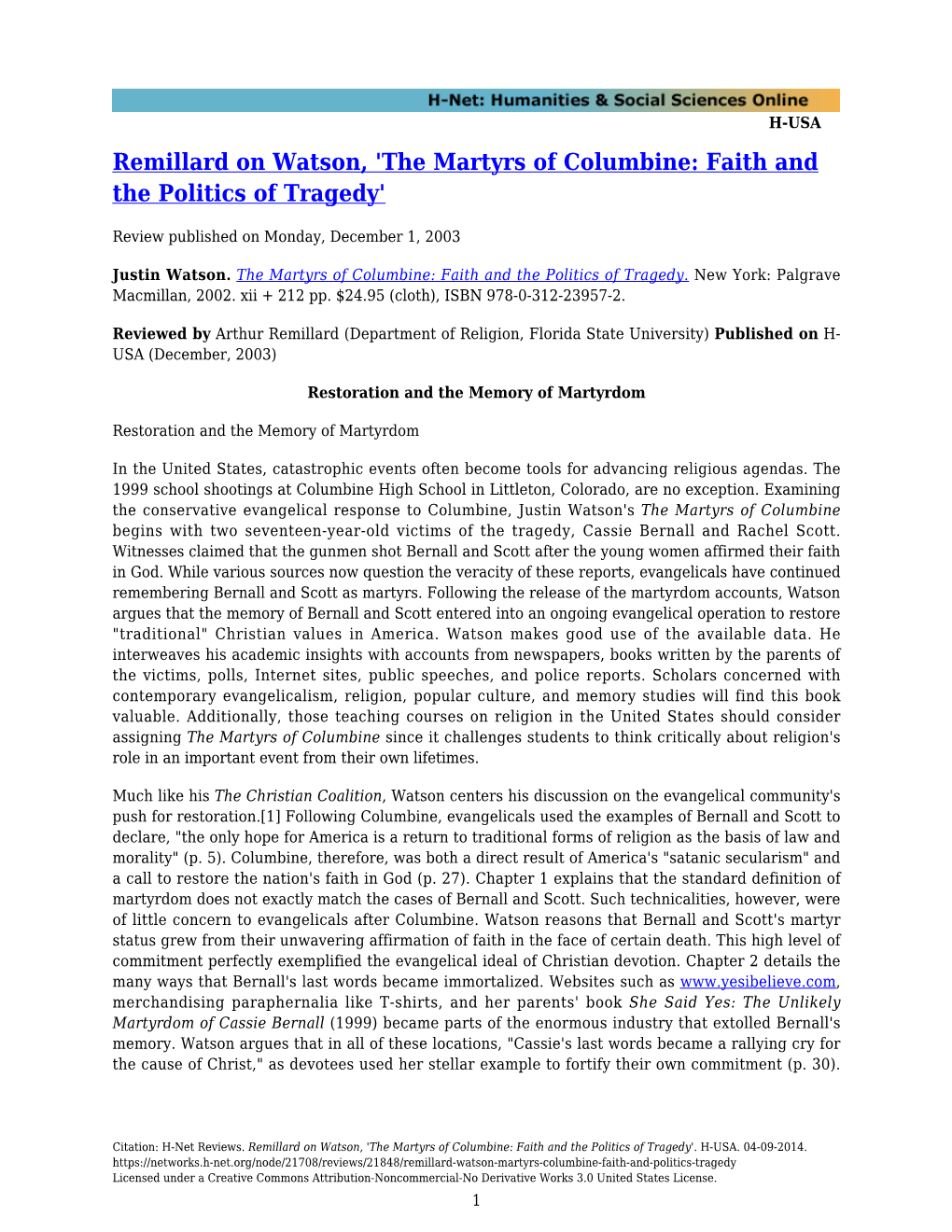 Remillard on Watson, 'The Martyrs of Columbine: Faith and the Politics of Tragedy'